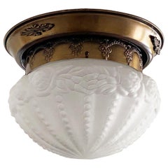 French Art Deco Brass Frosted Glass Flushmount, Ceiling Light