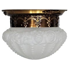 French Art Deco Brass Frosted Glass Flushmount, Ceiling Light
