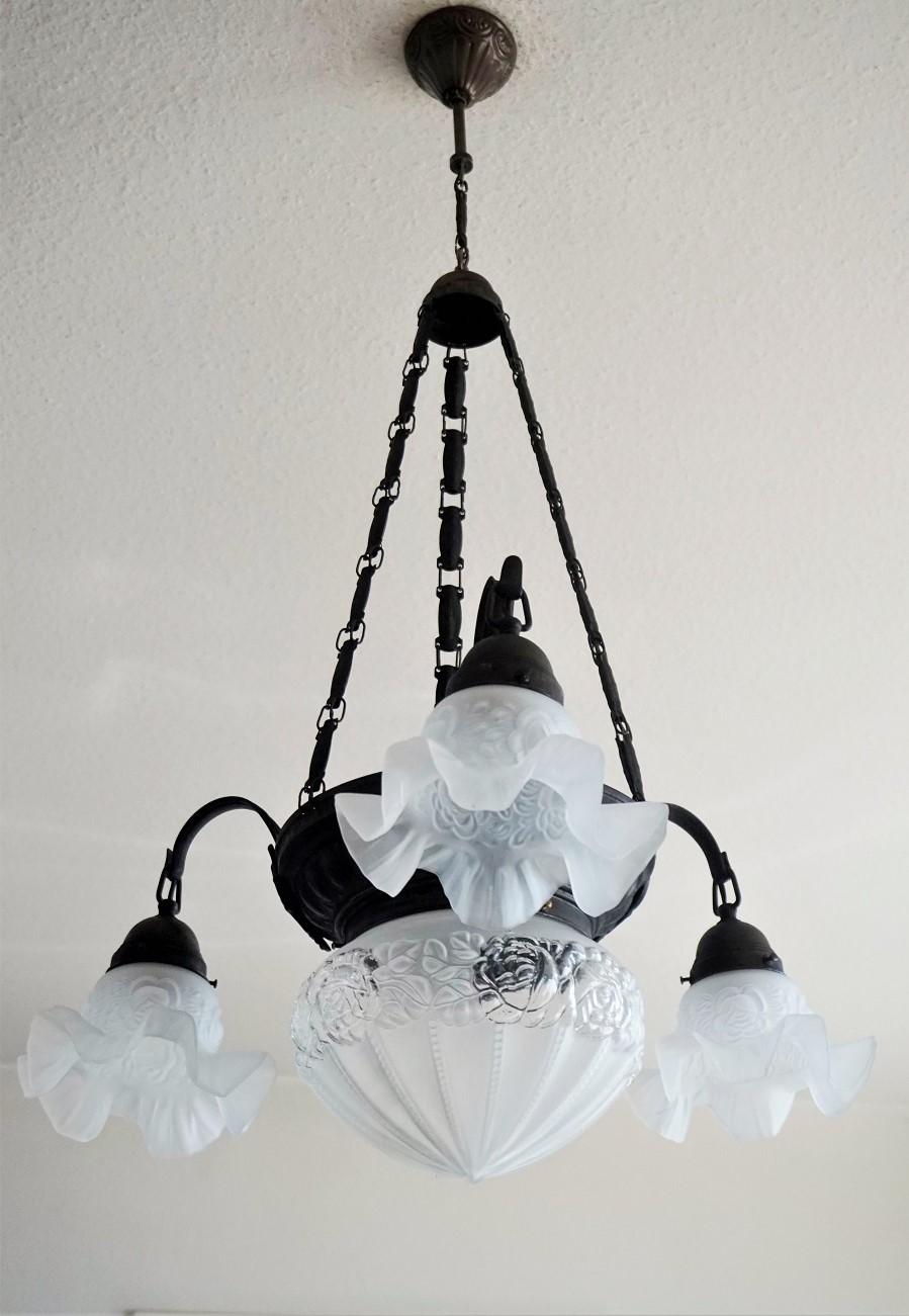 Burnished French Art Deco Brass Frosted Glass Four-Light Chandelier For Sale