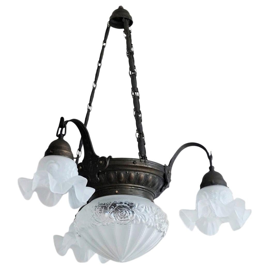 French Art Deco Brass Frosted Glass Four-Light Chandelier For Sale