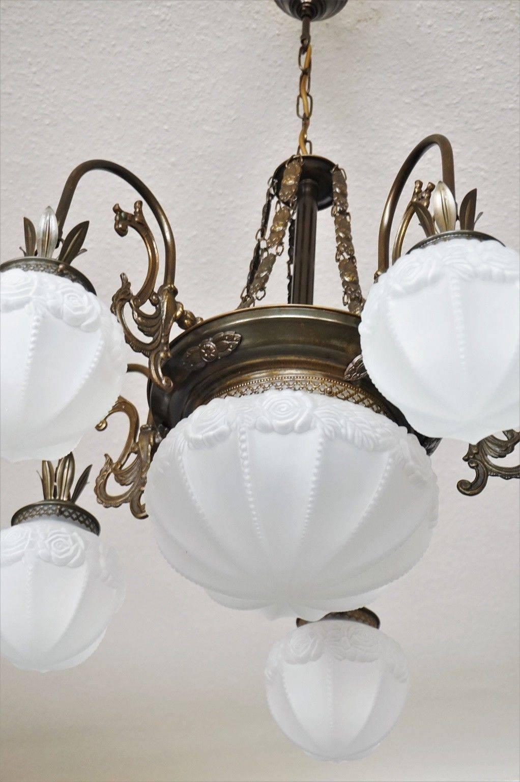 20th Century French Art Deco Brass Frosted Glass Seven-Light Chandelier