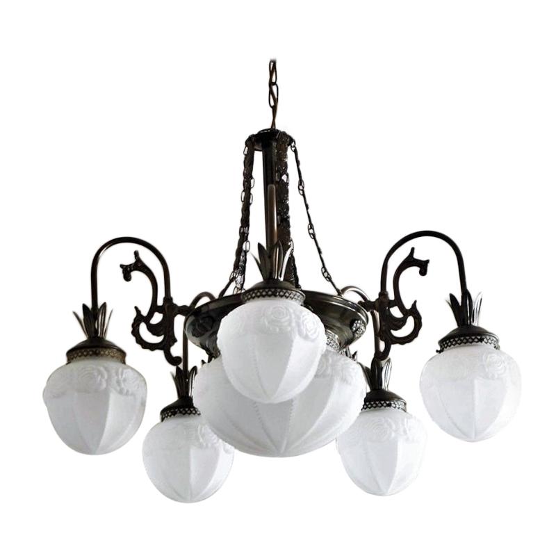 French Art Deco Brass Frosted Glass Seven-Light Chandelier