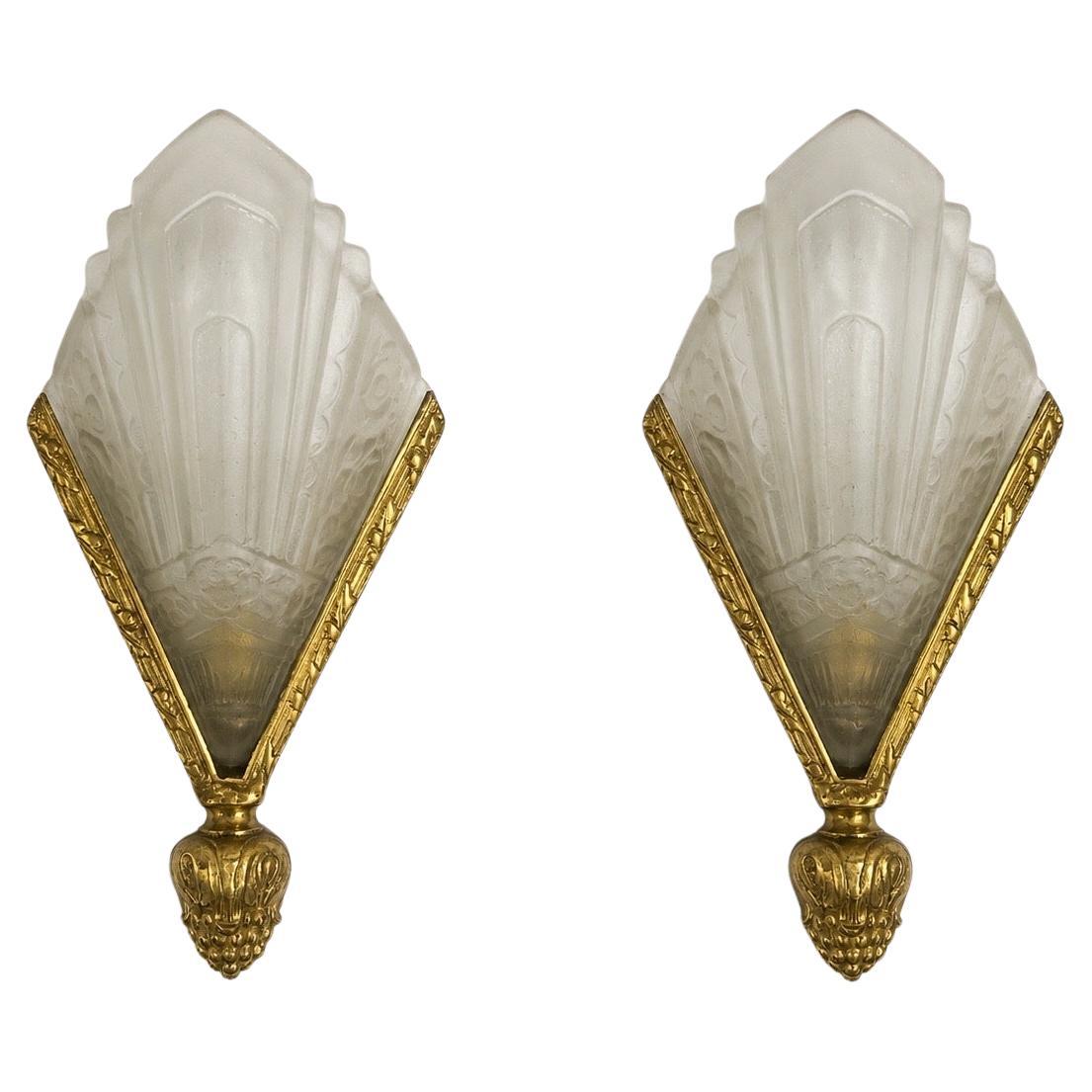 French Art Deco Brass & Frosted Glass Shield Shaped Wall sconce, a Pair