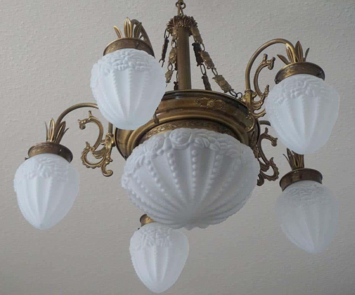 20th Century French Art Deco Frosted Glass Brass Six-Light Chandelier, 1940s For Sale