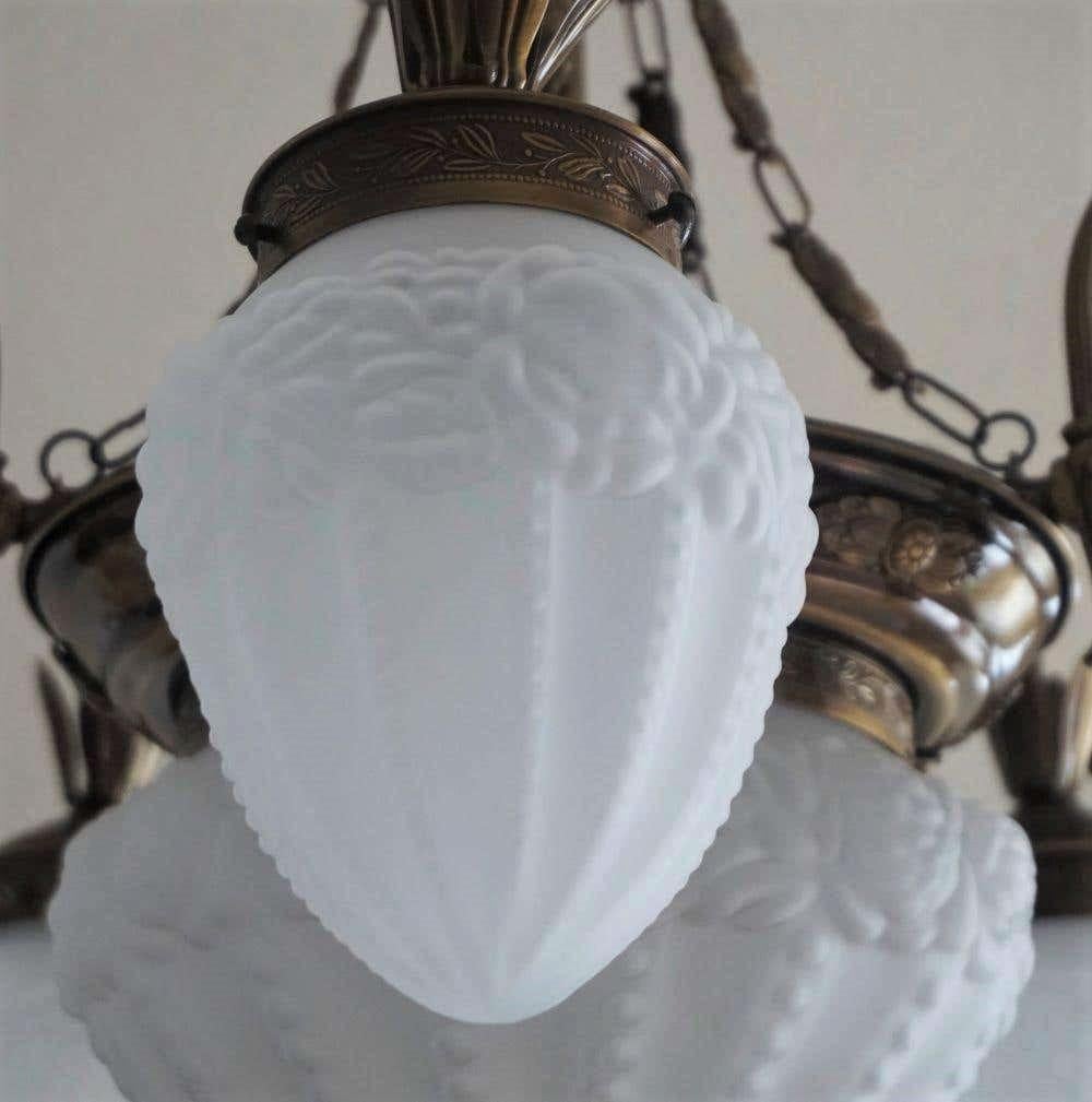 French Art Deco Frosted Glass Brass Six-Light Chandelier, 1940s For Sale 3