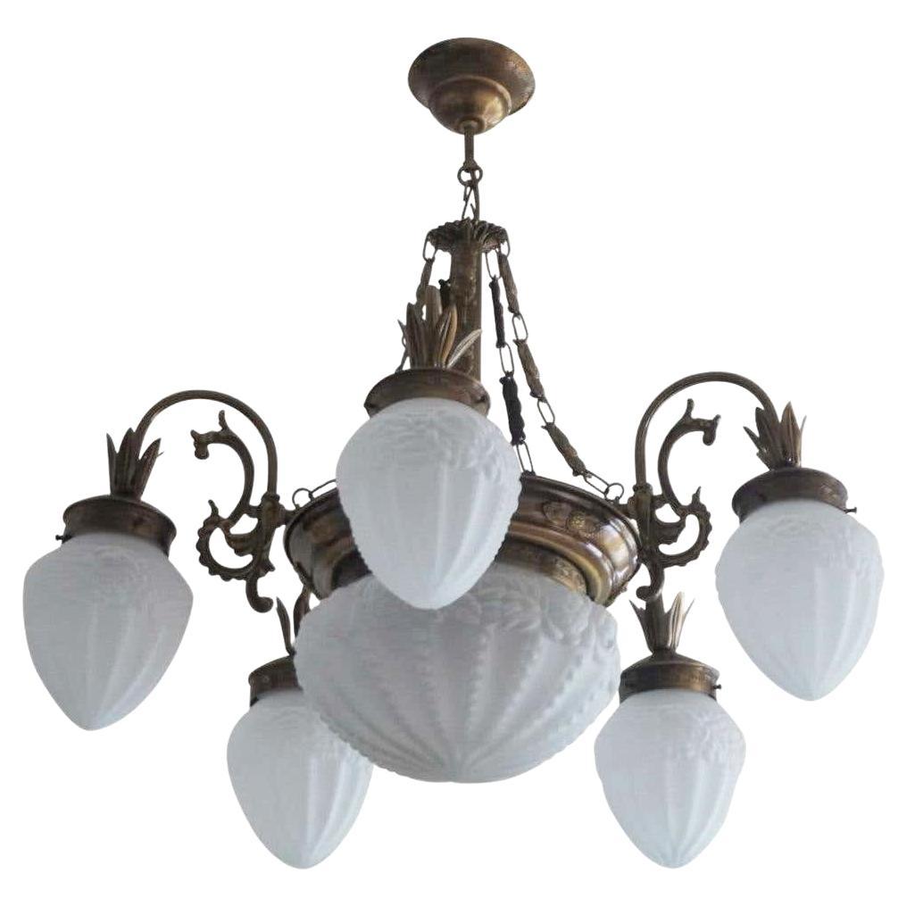 French Art Deco Frosted Glass Brass Six-Light Chandelier, 1940s For Sale