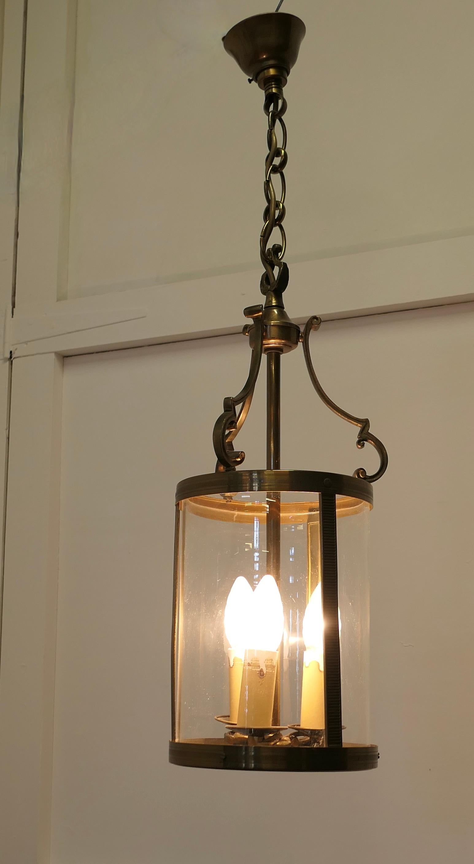 Mid-20th Century French Art Deco Brass Glass Lantern Hall Light a Superb Quality Brass Lantern For Sale