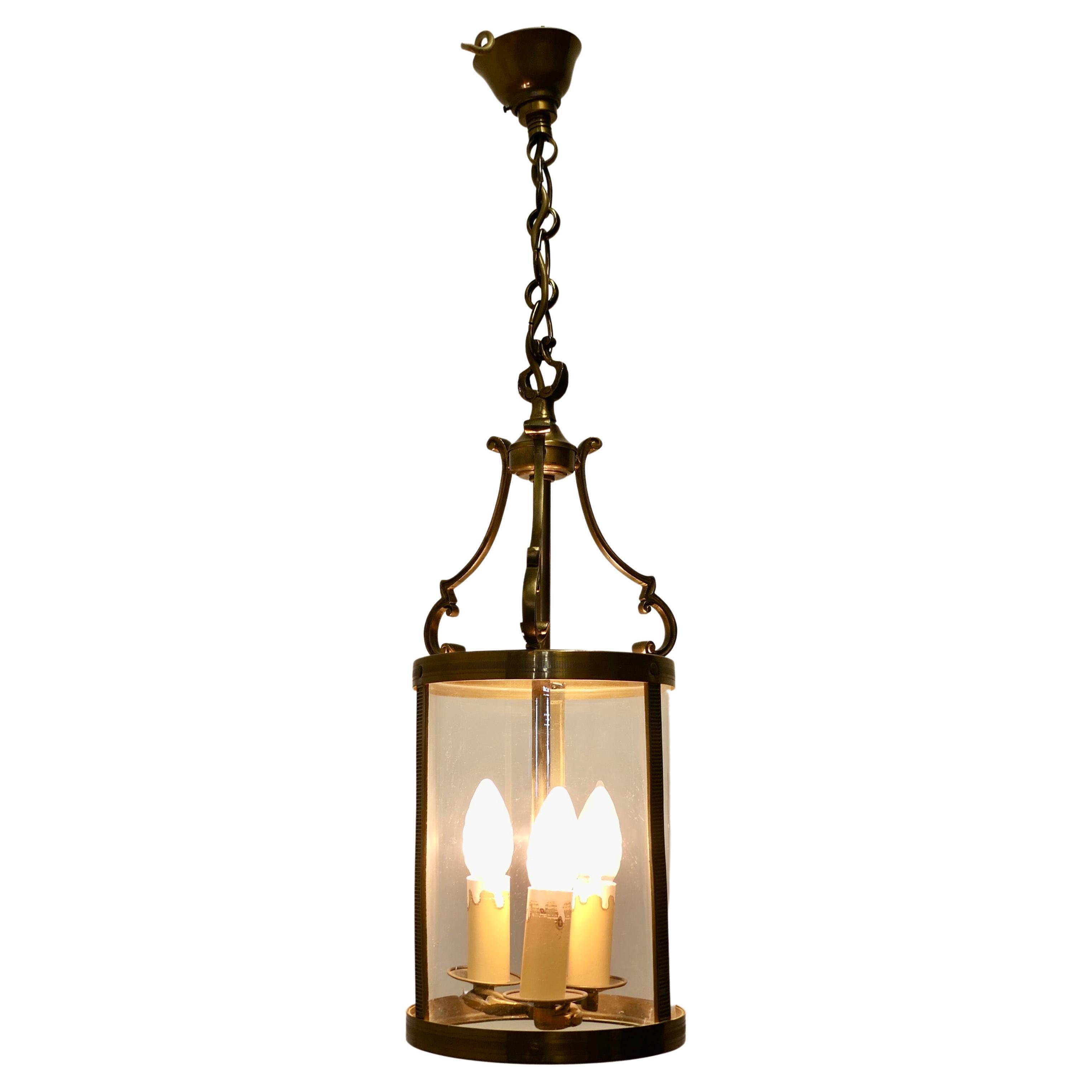 French Art Deco Brass Glass Lantern Hall Light a Superb Quality Brass Lantern For Sale