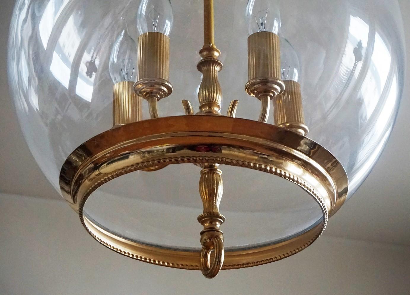 French Art Deco Brass Hand Blown Glass Five-Light Lantern or Chandelier, 1930s 5