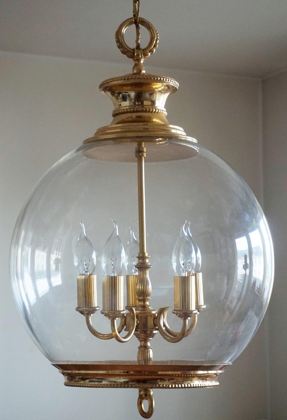 Gilt French Art Deco Brass Hand Blown Glass Five-Light Lantern or Chandelier, 1930s
