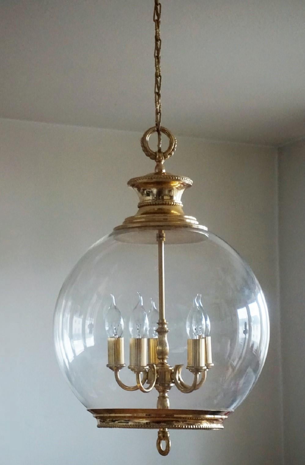 Mid-20th Century French Art Deco Brass Hand Blown Glass Five-Light Lantern or Chandelier, 1930s