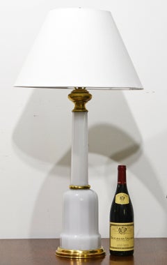 French Art Deco Brass Mounted Paneled Opaline Glass Stepped Column Table Lamp