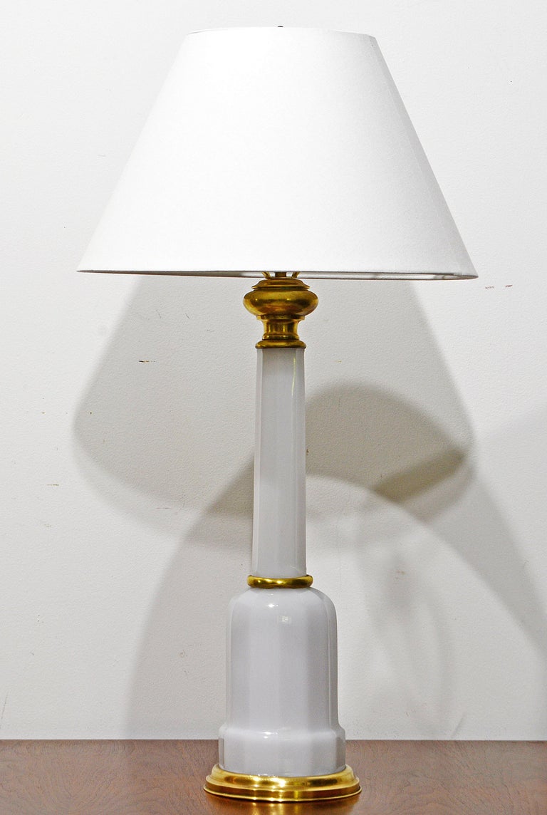 French Art Deco Brass Mounted Paneled Opaline Glass Stepped Column Table Lamp For Sale at 1stDibs