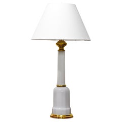 French Art Deco Brass Mounted Paneled Opaline Glass Stepped Column Table Lamp