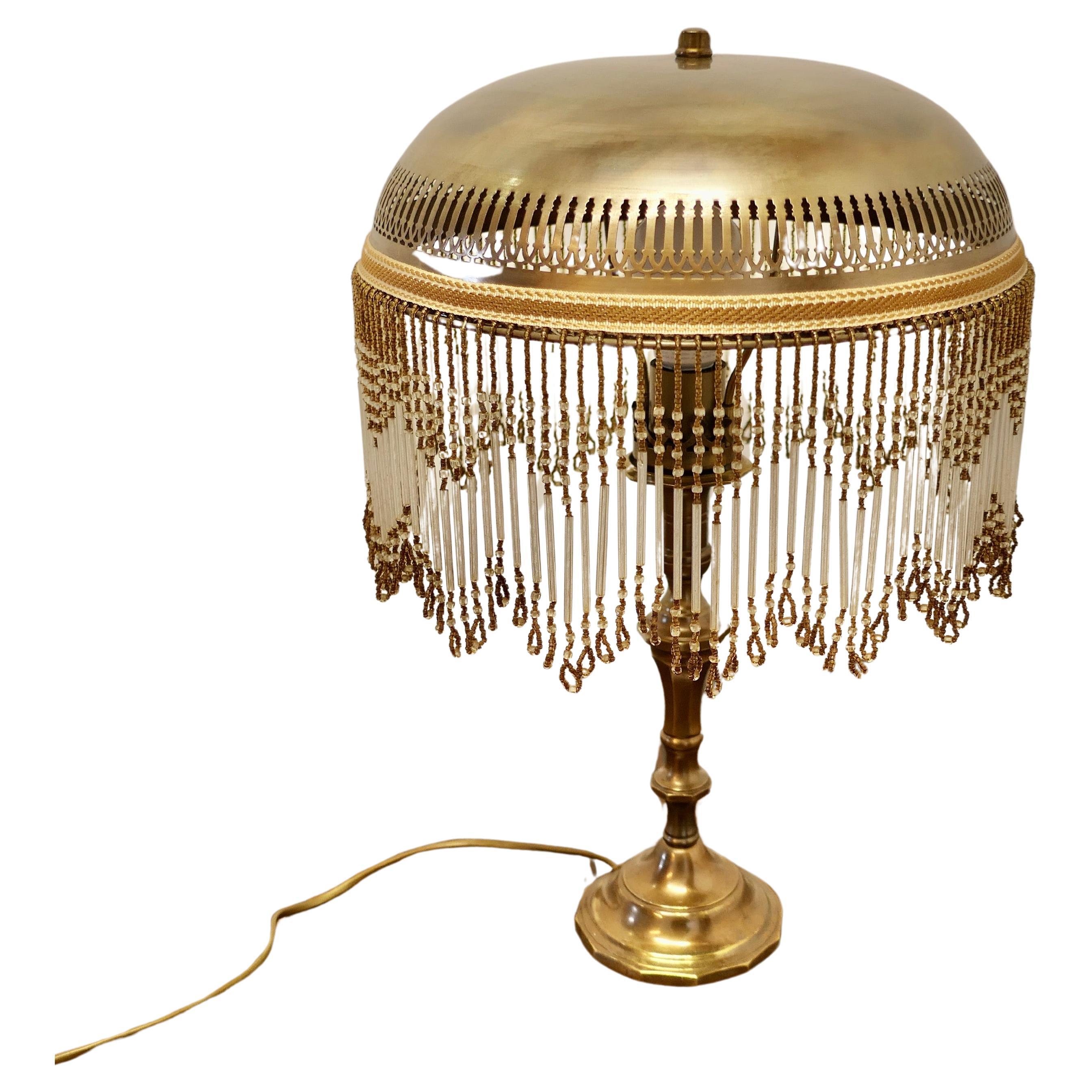 French Art Deco Brass Reading Lamp with Beaded Brass Dome Shade