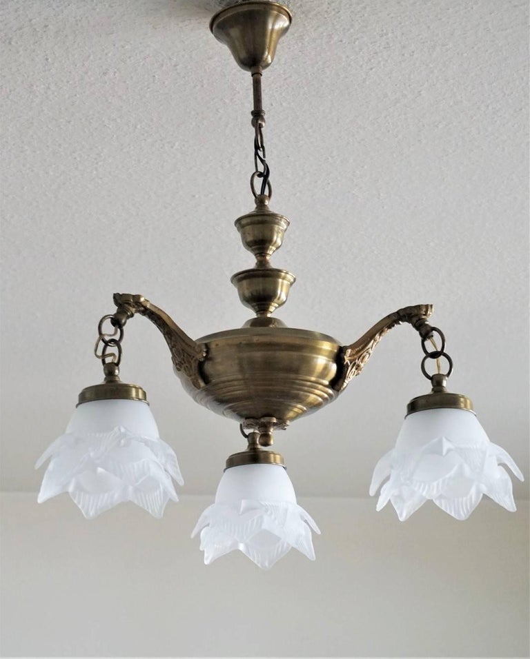 French Art Deco Brass ThreeLight Chandelier with Frosted Glass Tulips