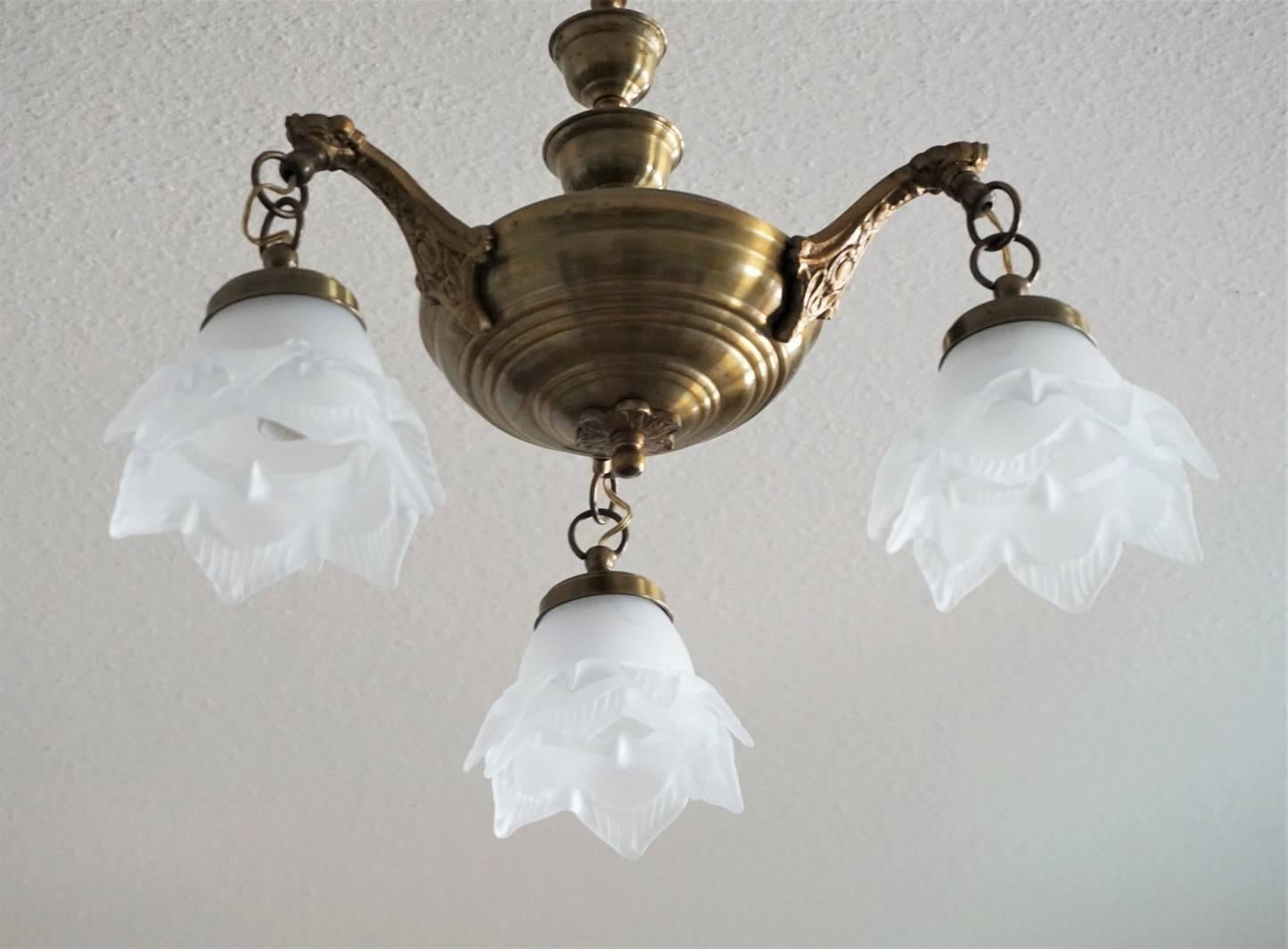 20th Century French Art Deco Brass Three-Light Chandelier with Frosted Glass Tulips