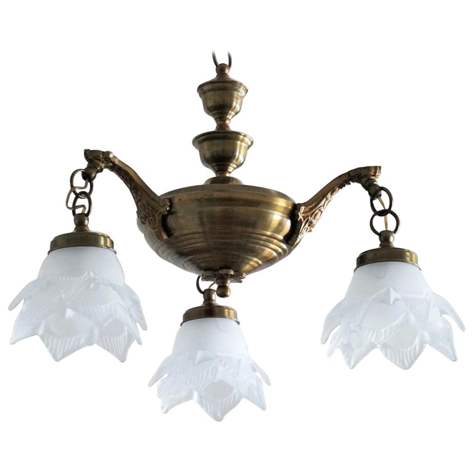French Art Deco Brass Three-Light Chandelier with Frosted Glass Tulips