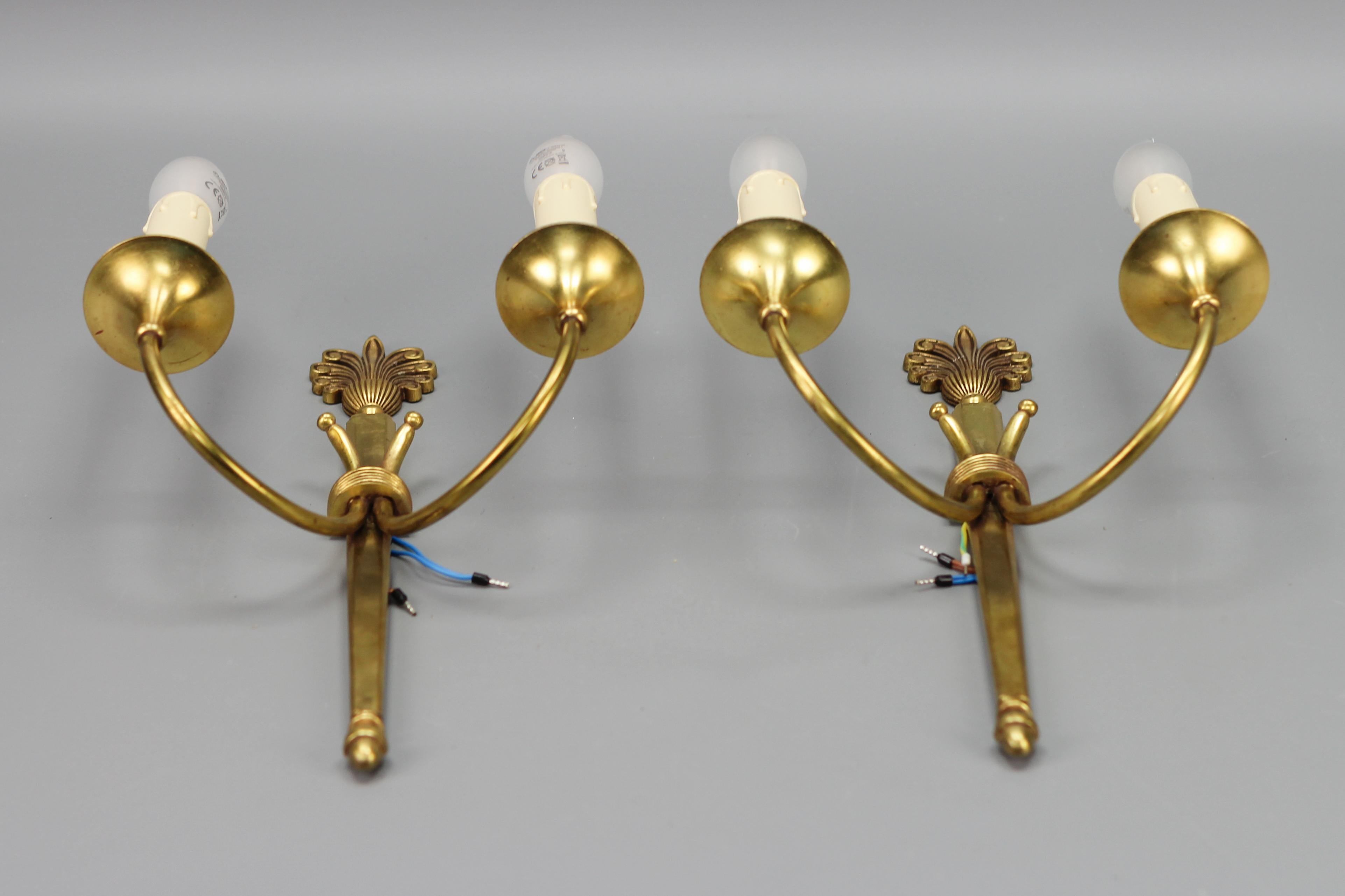French Art Deco Brass Twin Arm Sconces, a Pair, ca. 1930 For Sale 8