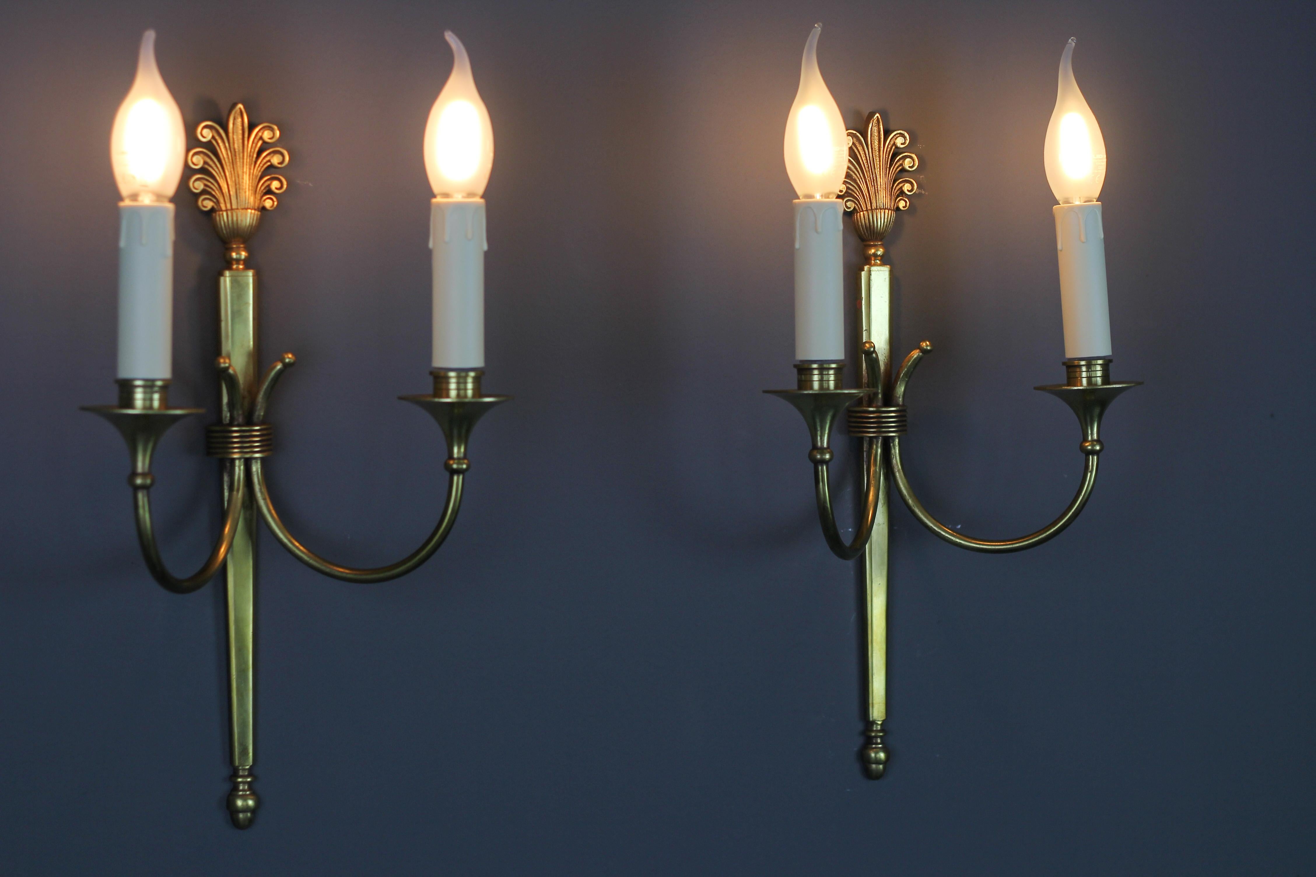 Mid-20th Century French Art Deco Brass Twin Arm Sconces, a Pair, ca. 1930 For Sale