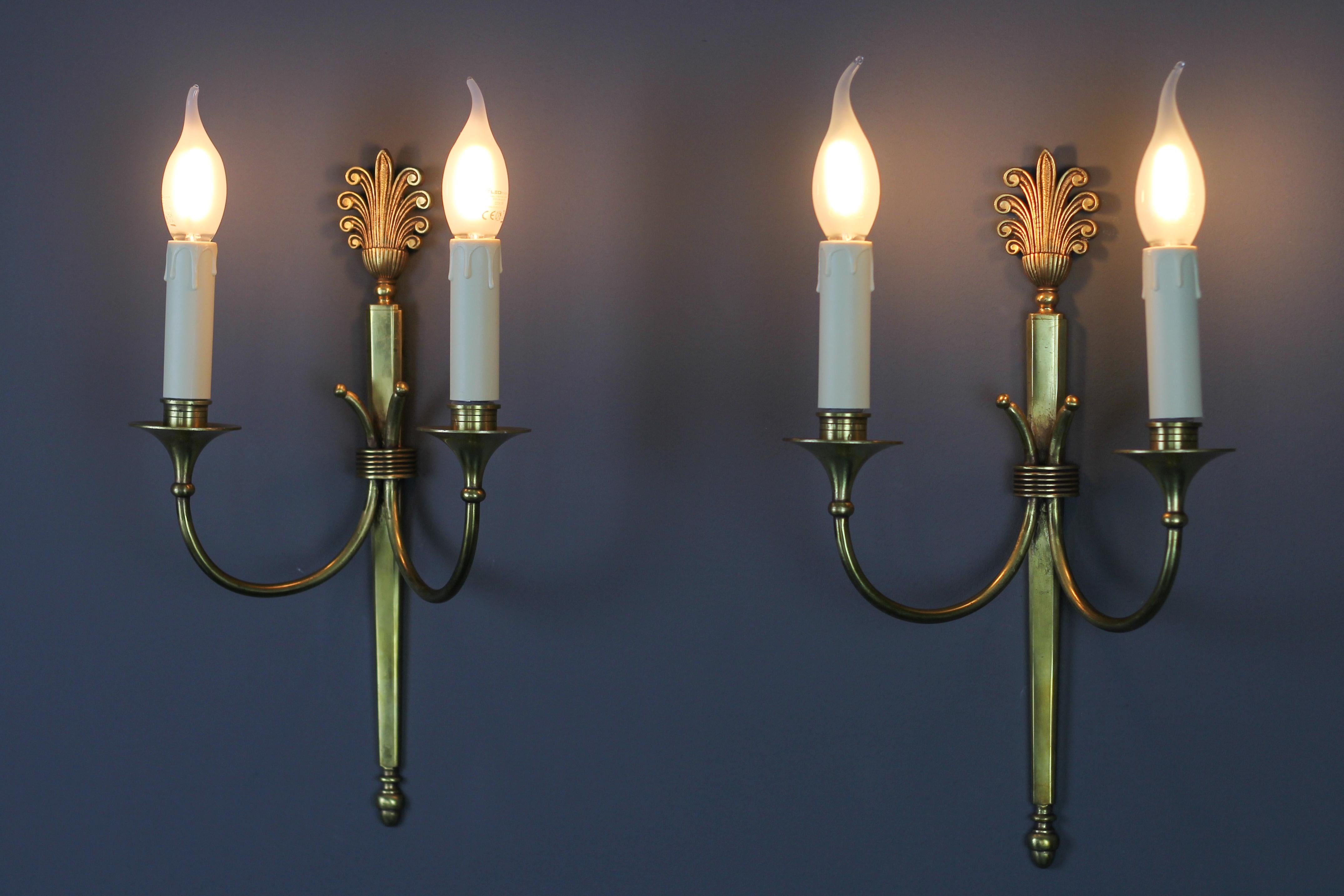 French Art Deco Brass Twin Arm Sconces, a Pair, ca. 1930 For Sale 1