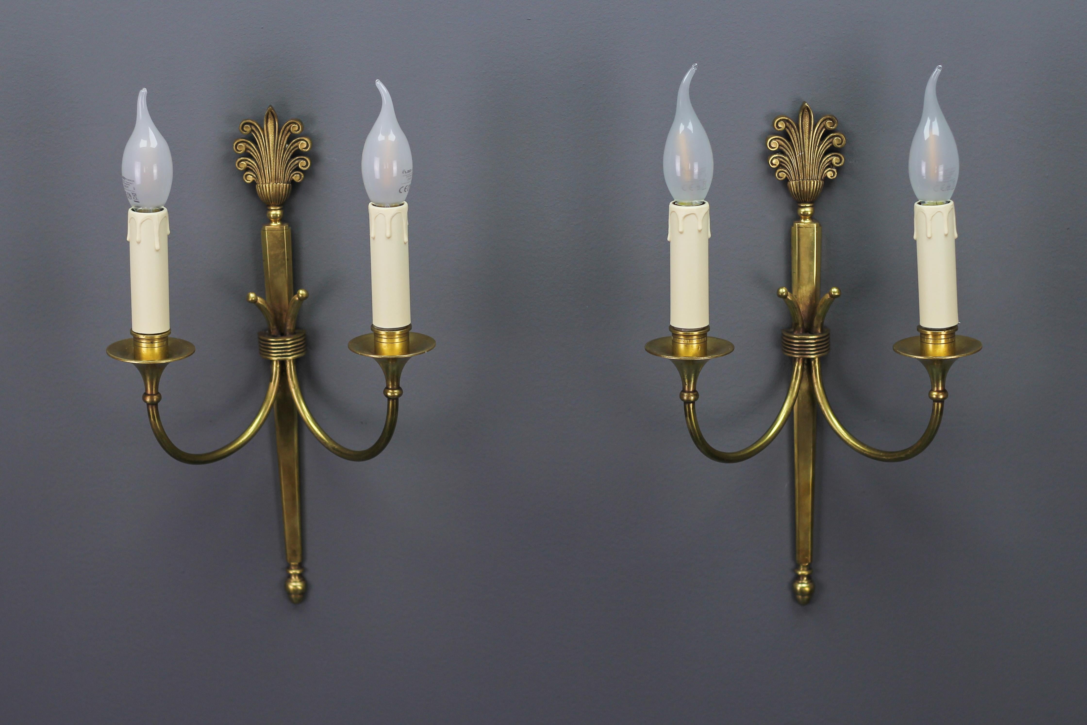 French Art Deco Brass Twin Arm Sconces, a Pair, ca. 1930 For Sale 2
