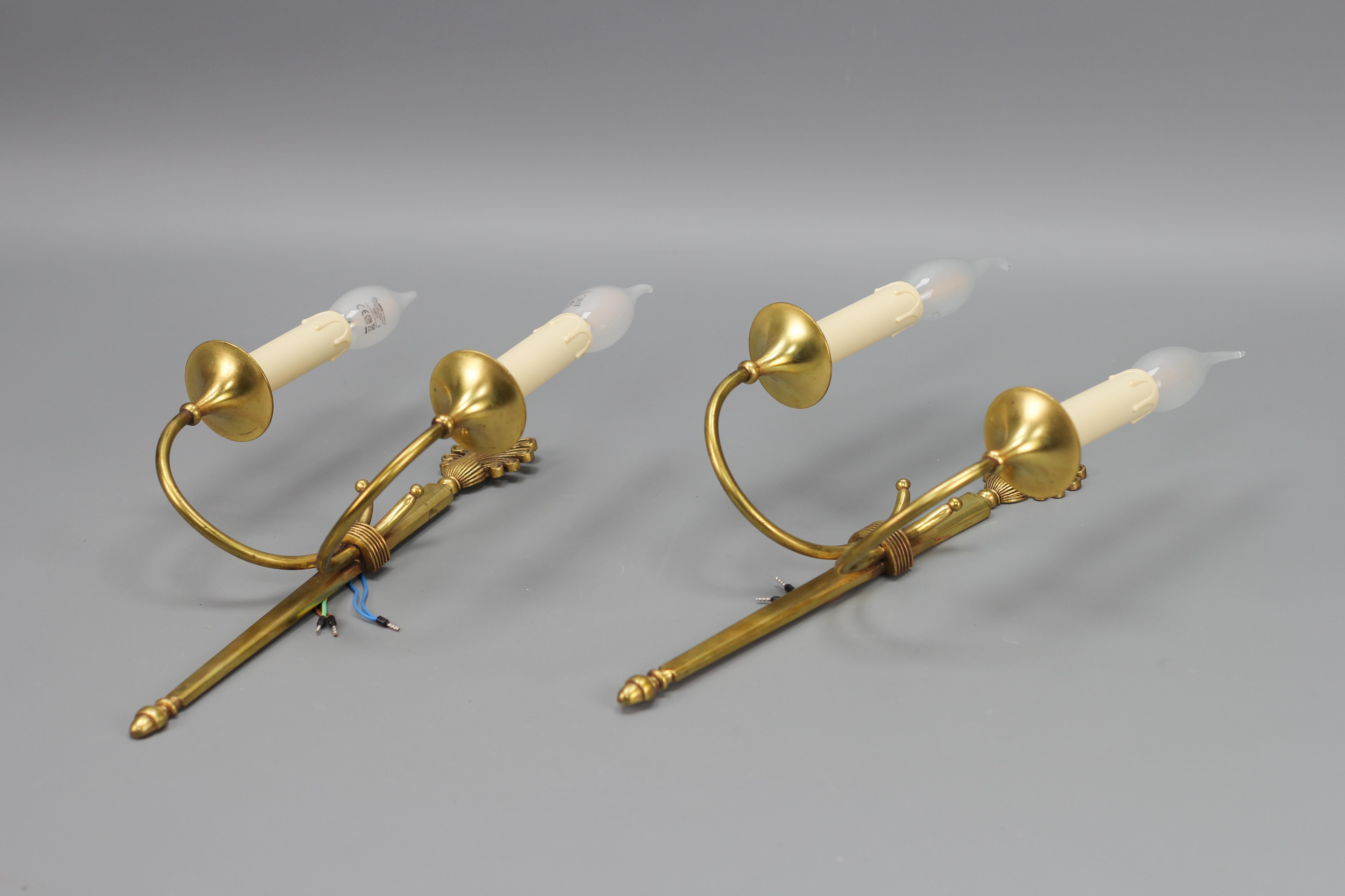 French Art Deco Brass Twin Arm Sconces, a Pair, ca. 1930 For Sale 3