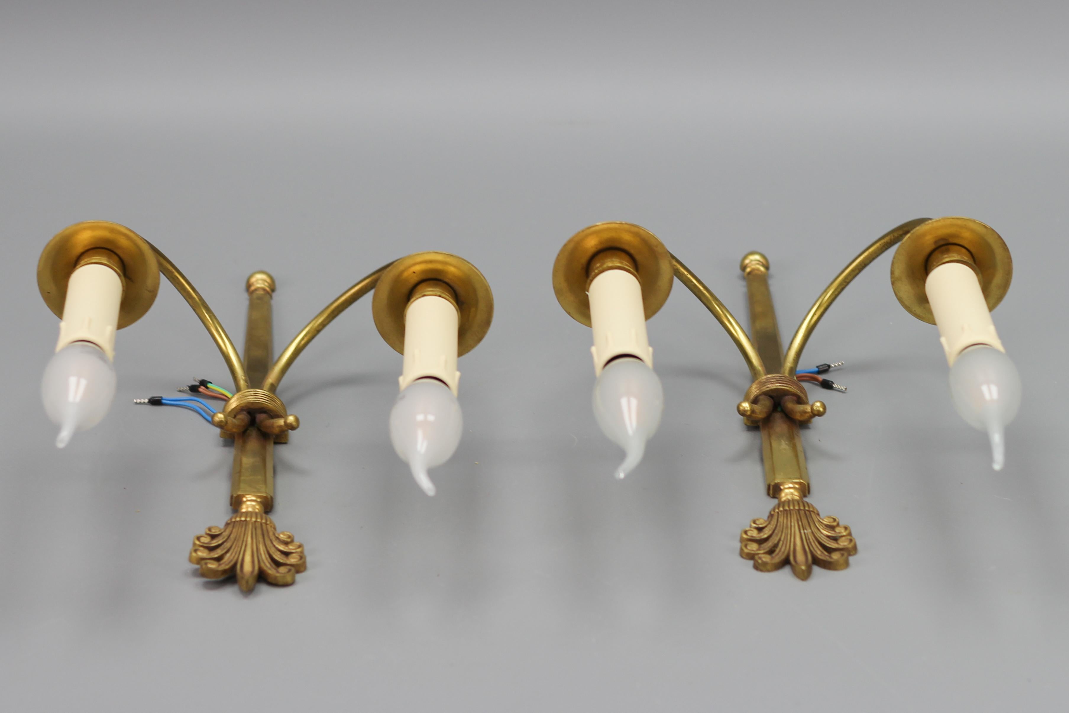 French Art Deco Brass Twin Arm Sconces, a Pair, ca. 1930 For Sale 5
