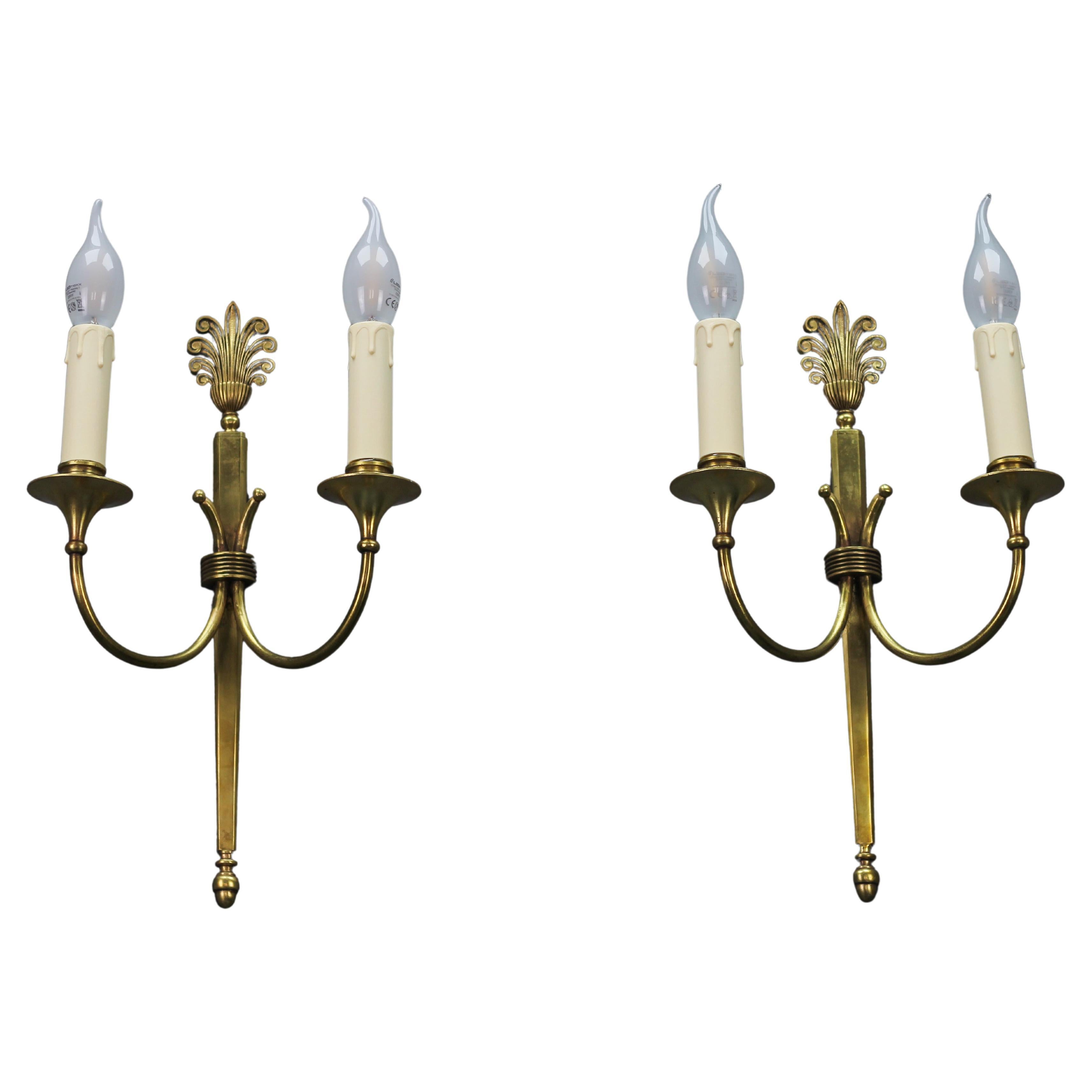 French Art Deco Brass Twin Arm Sconces, a Pair, ca. 1930 For Sale