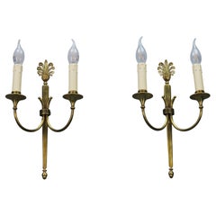 Vintage French Art Deco Brass Twin Arm Sconces, a Pair, ca. 1930