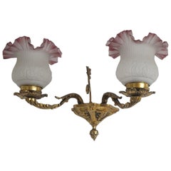 French Art Deco Brass Two-Arm Wall Sconce with Frosted Glass Shades