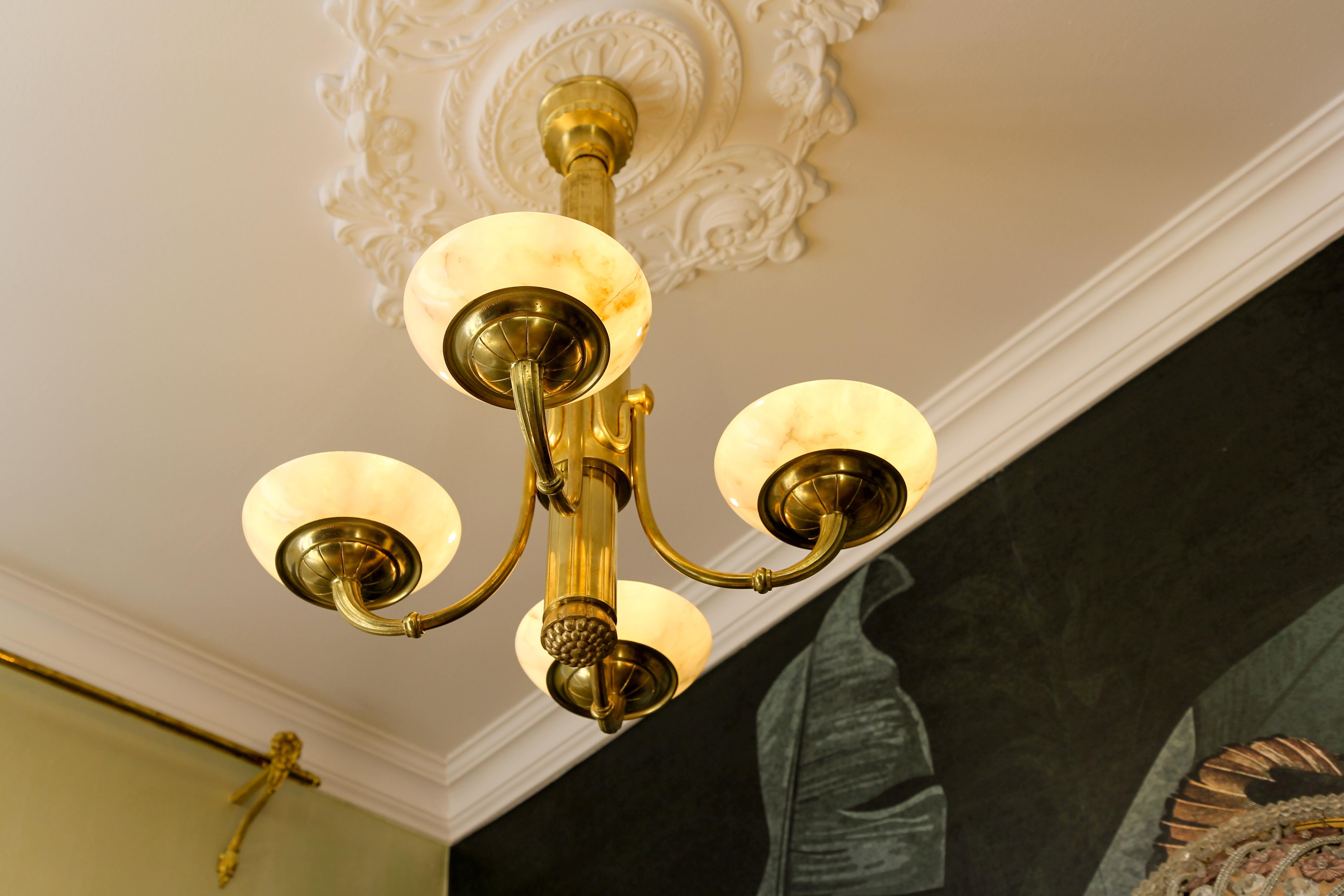 French Art Deco Bronze and Alabaster Four-Light Chandelier, ca. 1920 For Sale 5