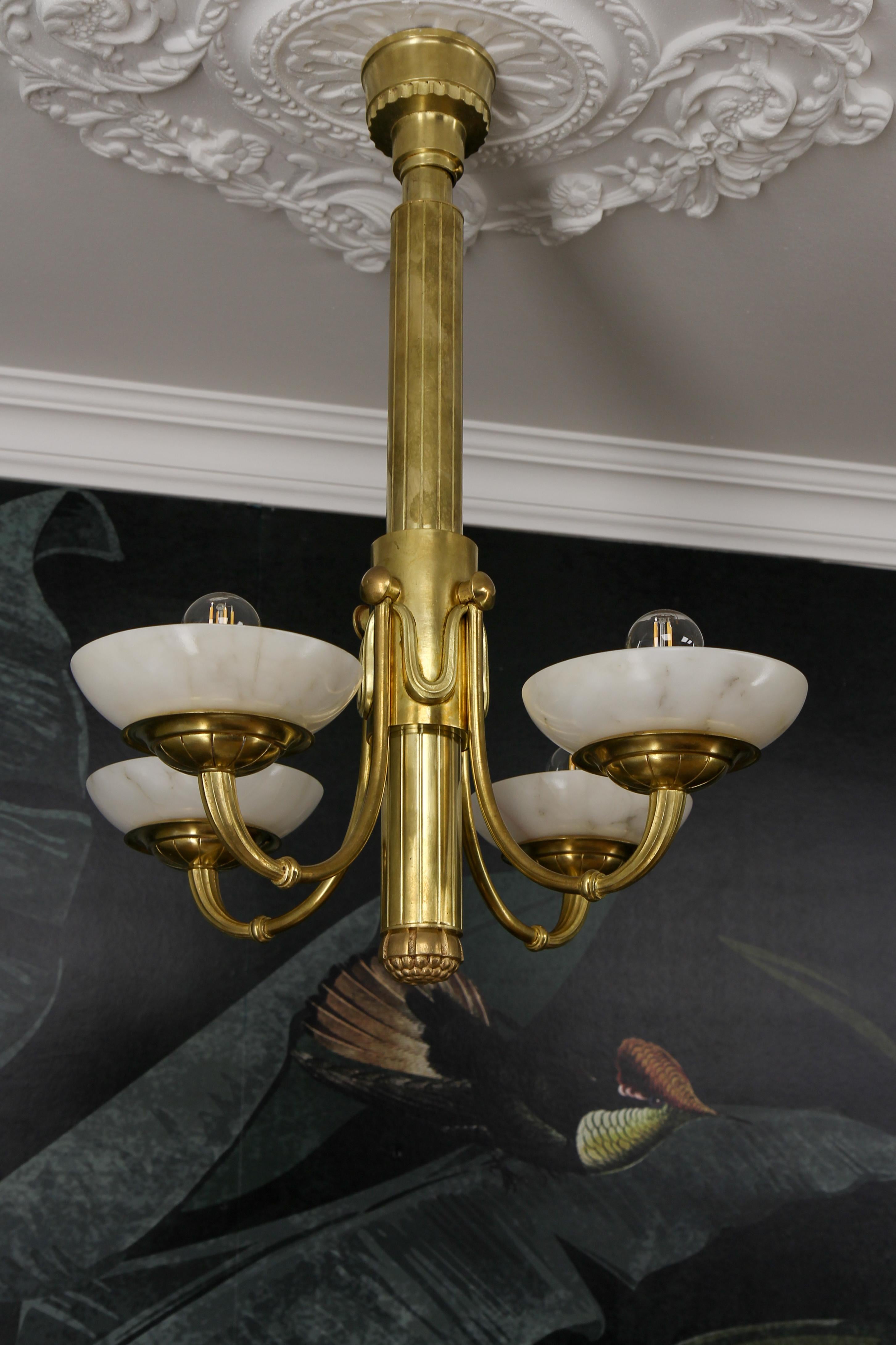French Art Deco Bronze and Alabaster Four-Light Chandelier, ca. 1920 For Sale 9