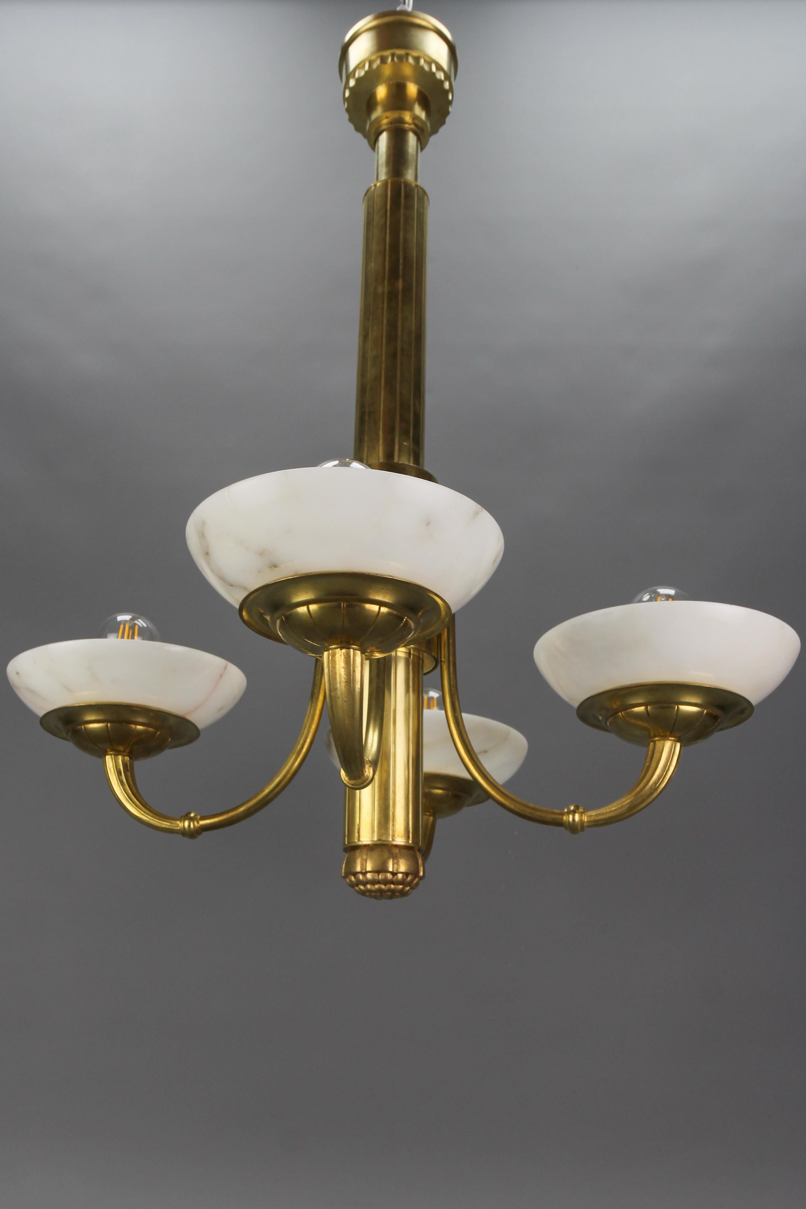 French Art Deco Bronze and Alabaster Four-Light Chandelier, ca. 1920 For Sale 10