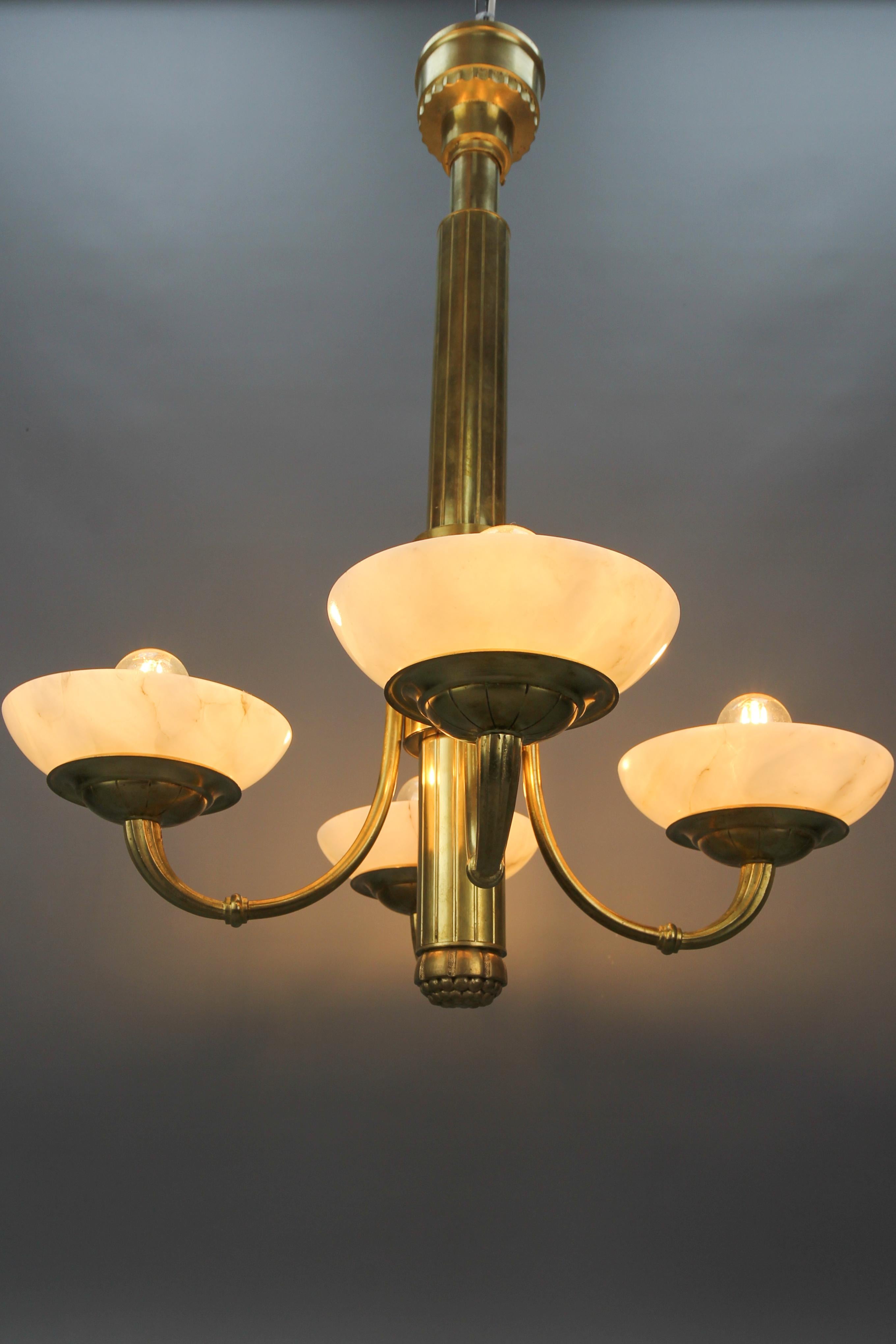 French Art Deco Bronze and Alabaster Four-Light Chandelier, ca. 1920 For Sale 11
