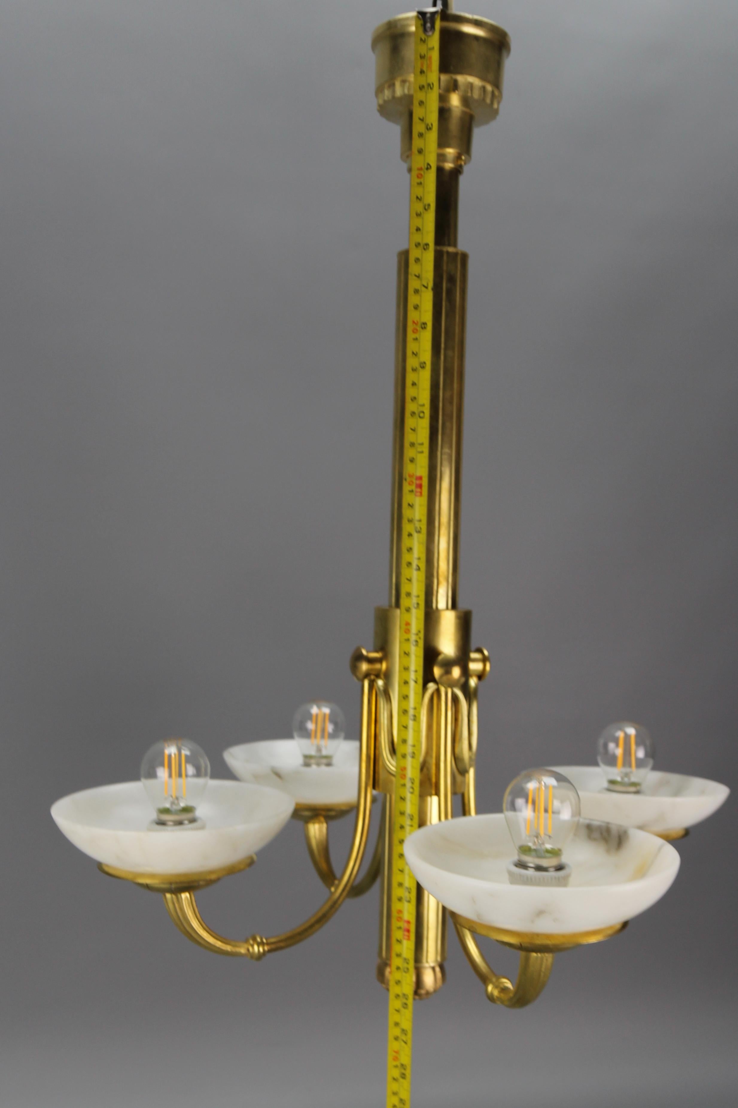French Art Deco Bronze and Alabaster Four-Light Chandelier, ca. 1920 For Sale 12