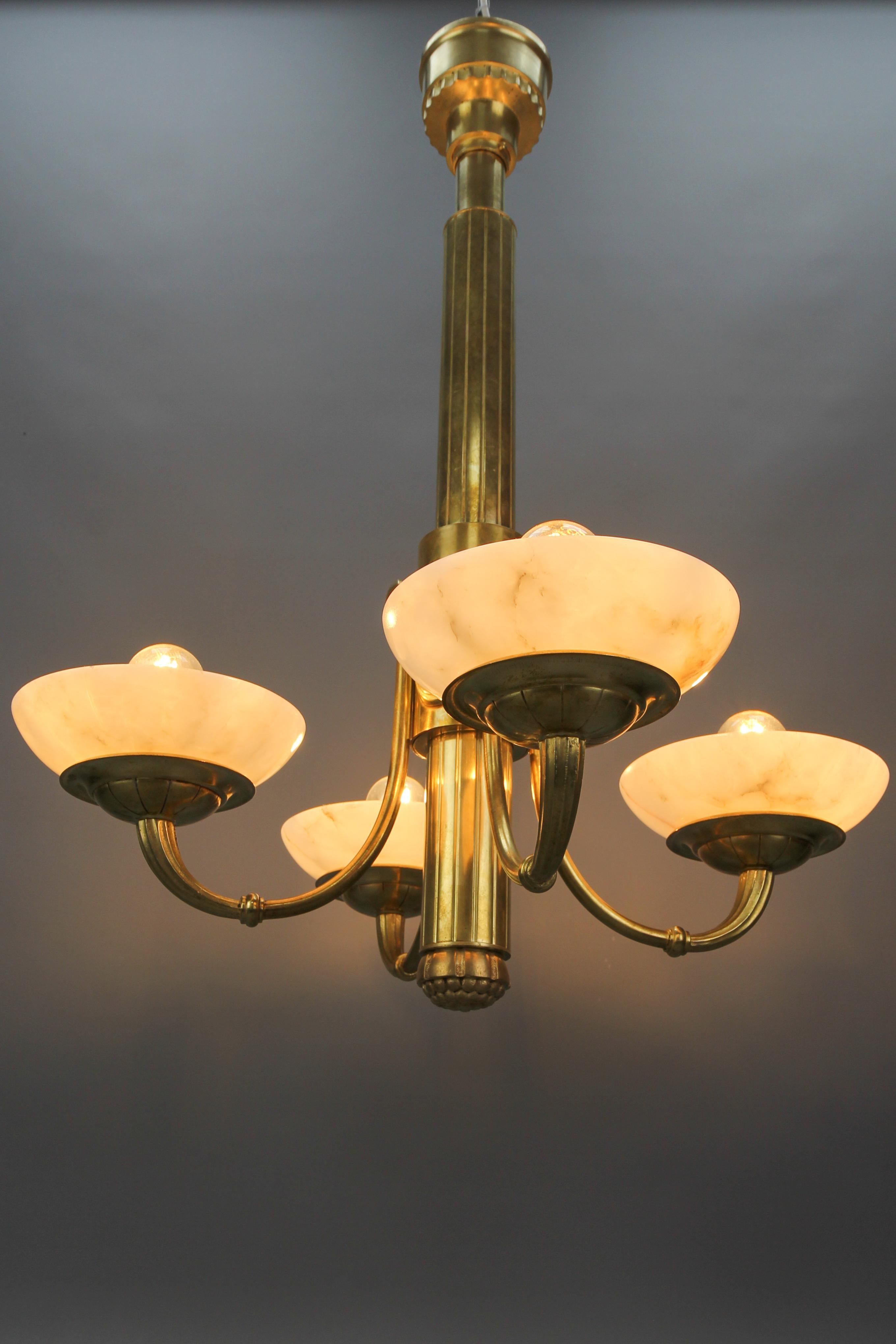 French Art Deco Bronze and Alabaster Four-Light Chandelier, ca. 1920 In Good Condition For Sale In Barntrup, DE
