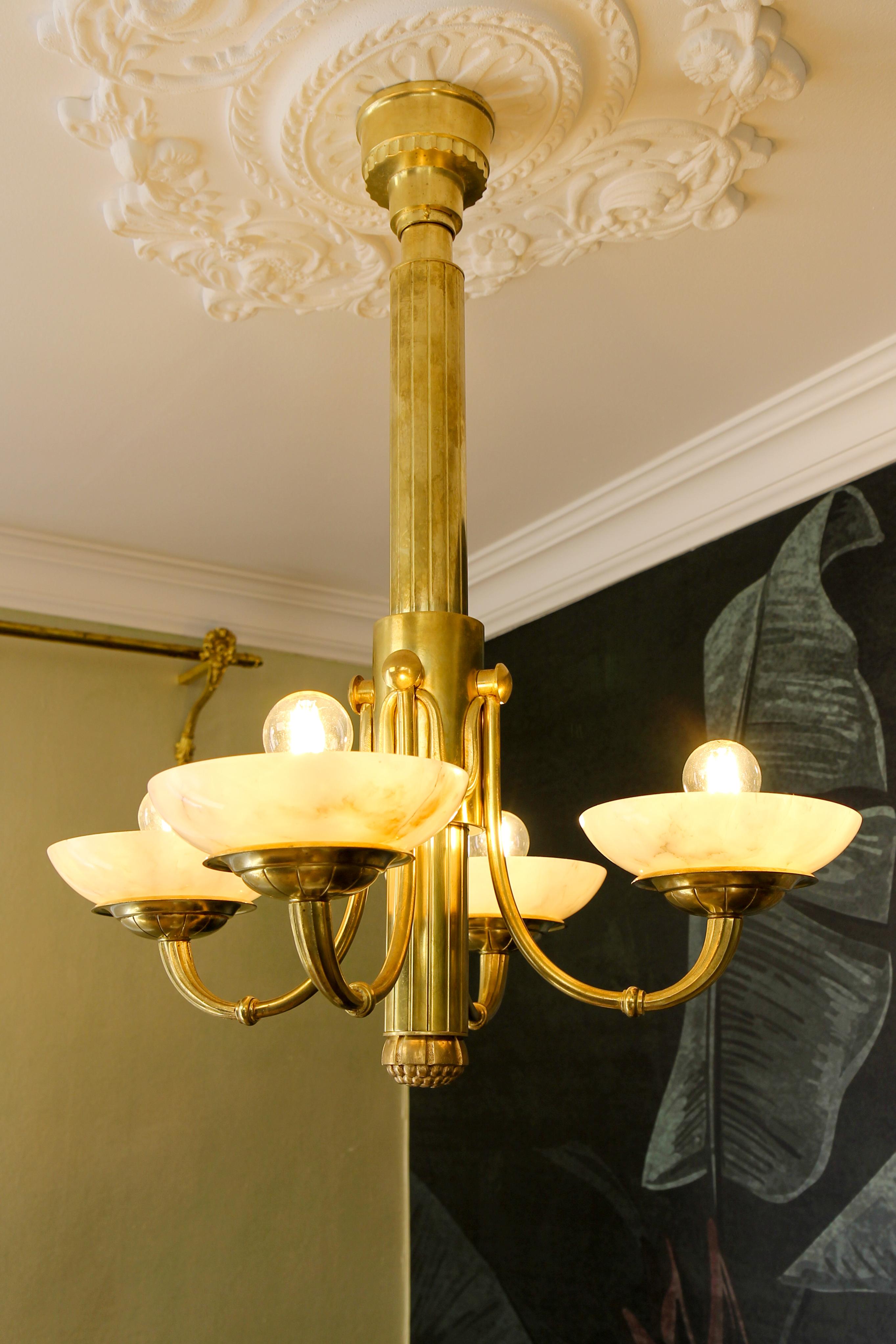 Early 20th Century French Art Deco Bronze and Alabaster Four-Light Chandelier, ca. 1920 For Sale