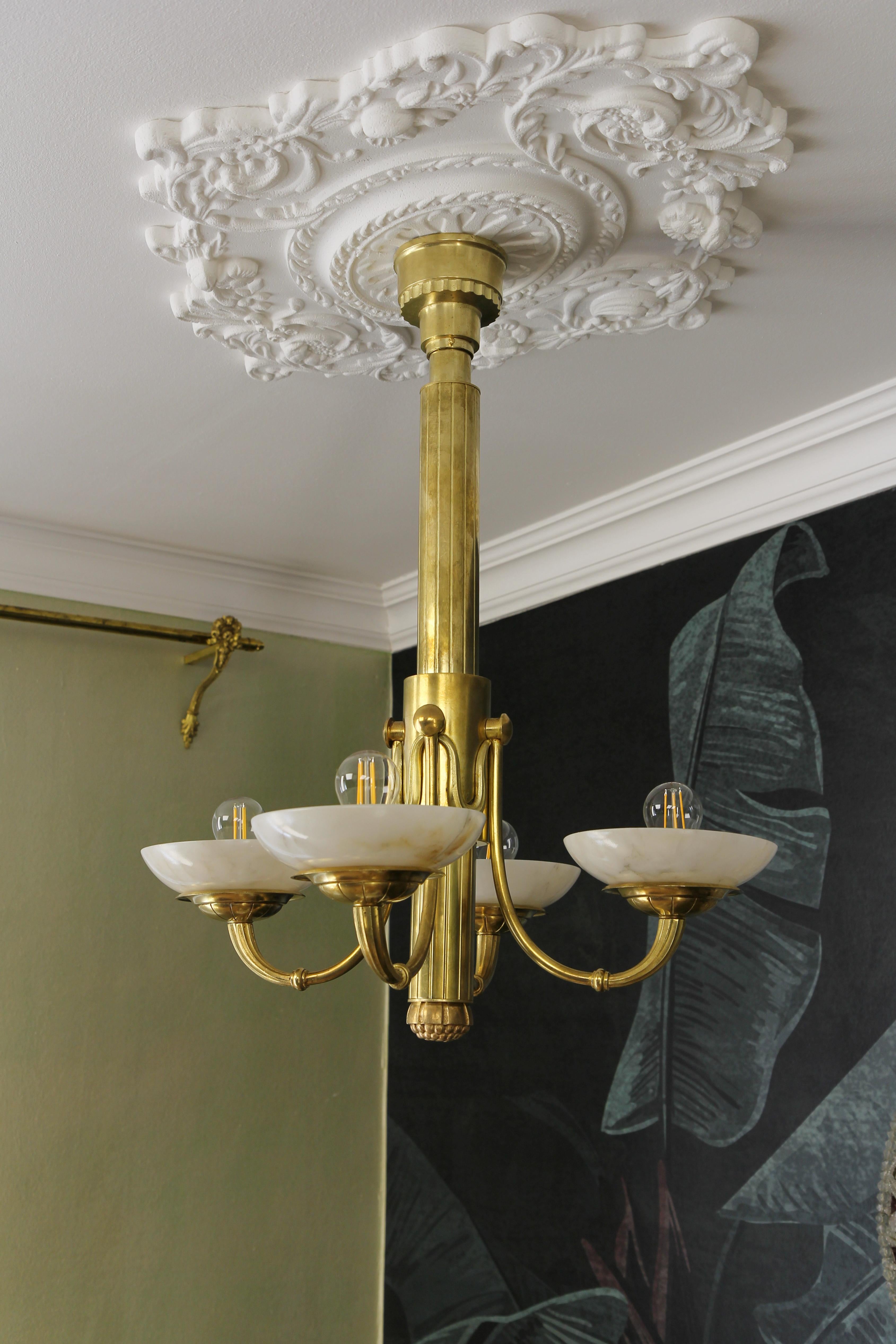 Brass French Art Deco Bronze and Alabaster Four-Light Chandelier, ca. 1920 For Sale
