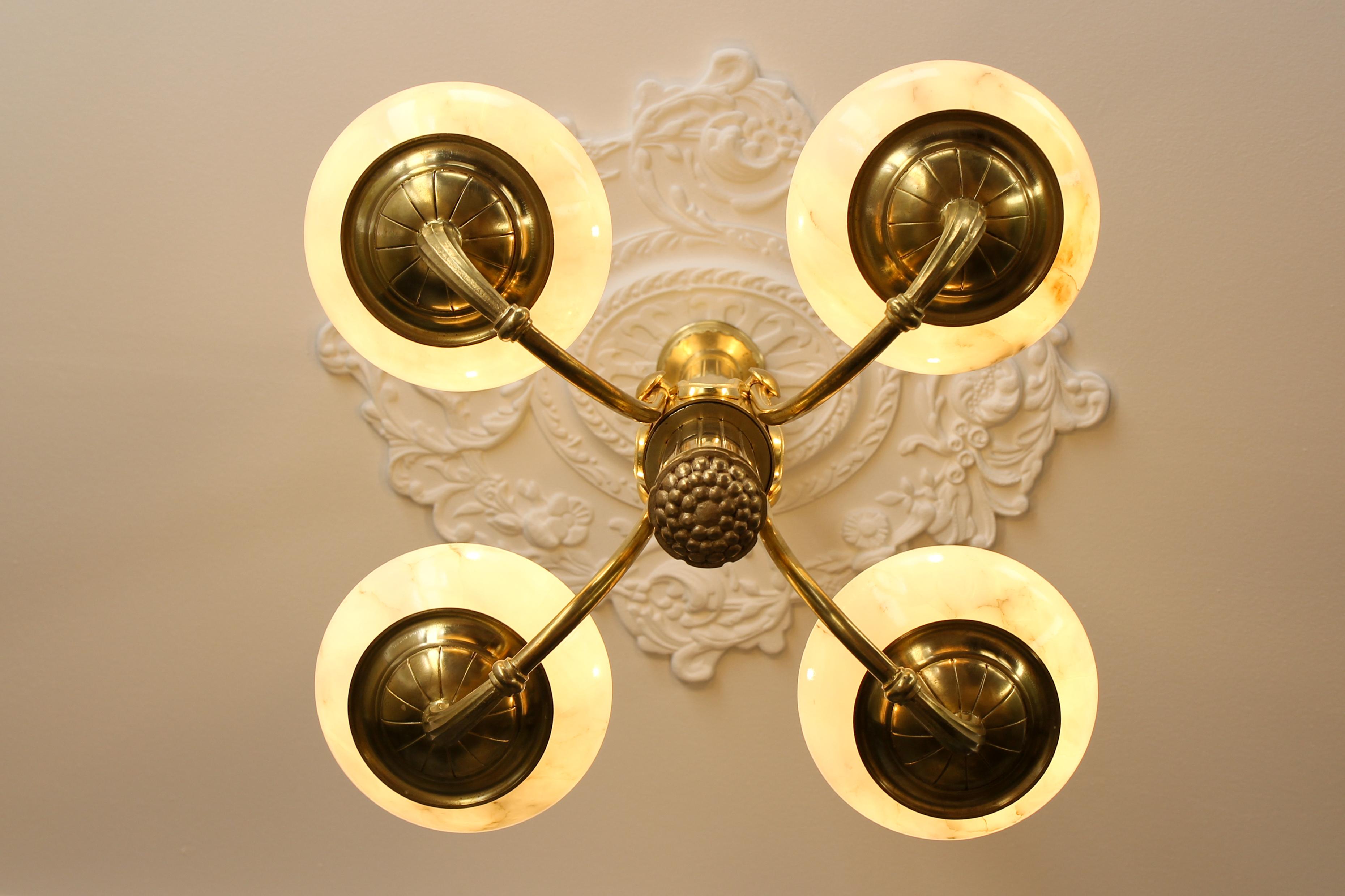 French Art Deco Bronze and Alabaster Four-Light Chandelier, ca. 1920 For Sale 4