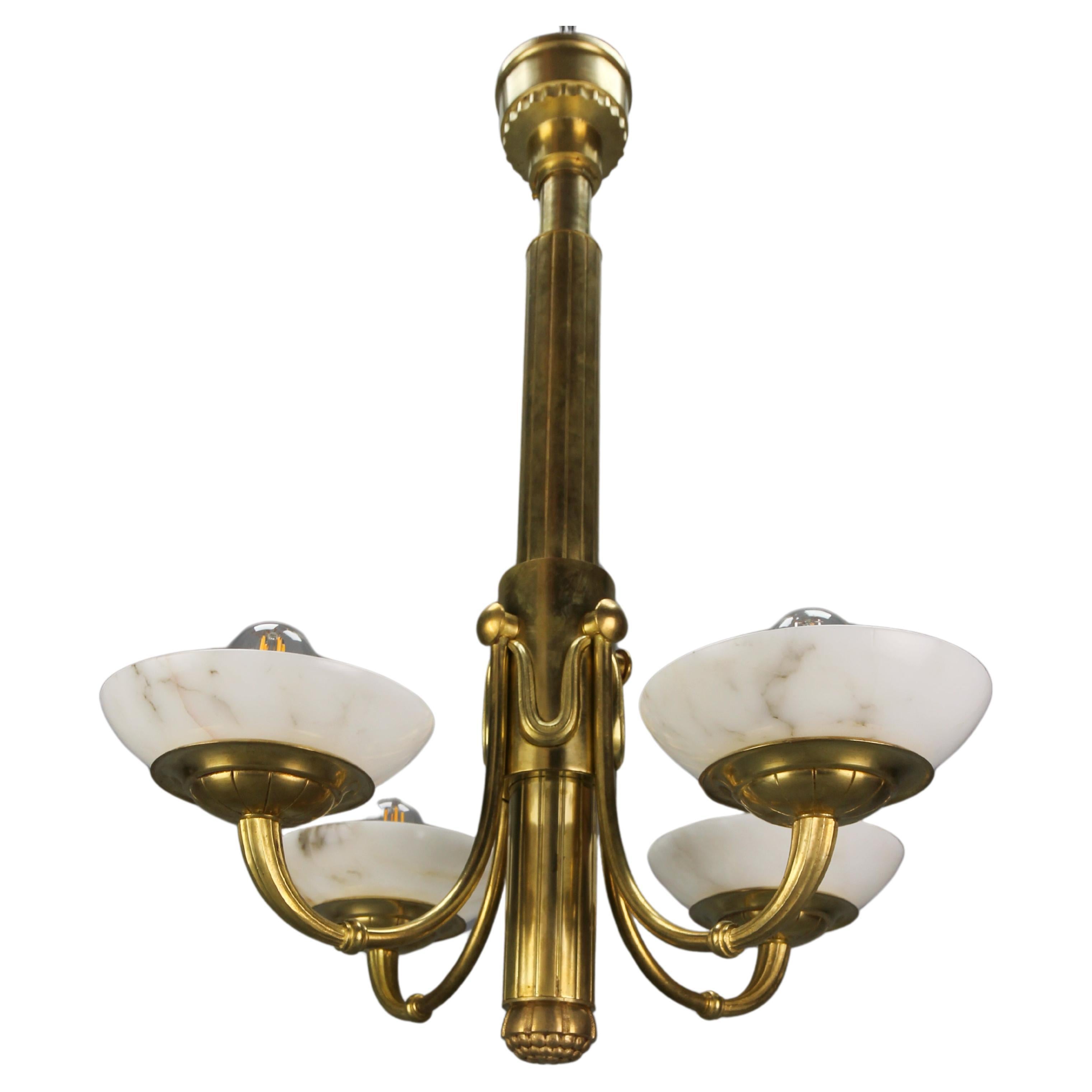 French Art Deco Bronze and Alabaster Four-Light Chandelier, ca. 1920 For Sale