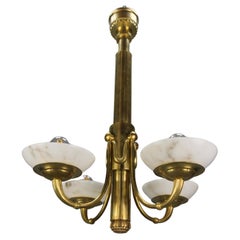 Antique French Art Deco Bronze and Alabaster Four-Light Chandelier, ca. 1920