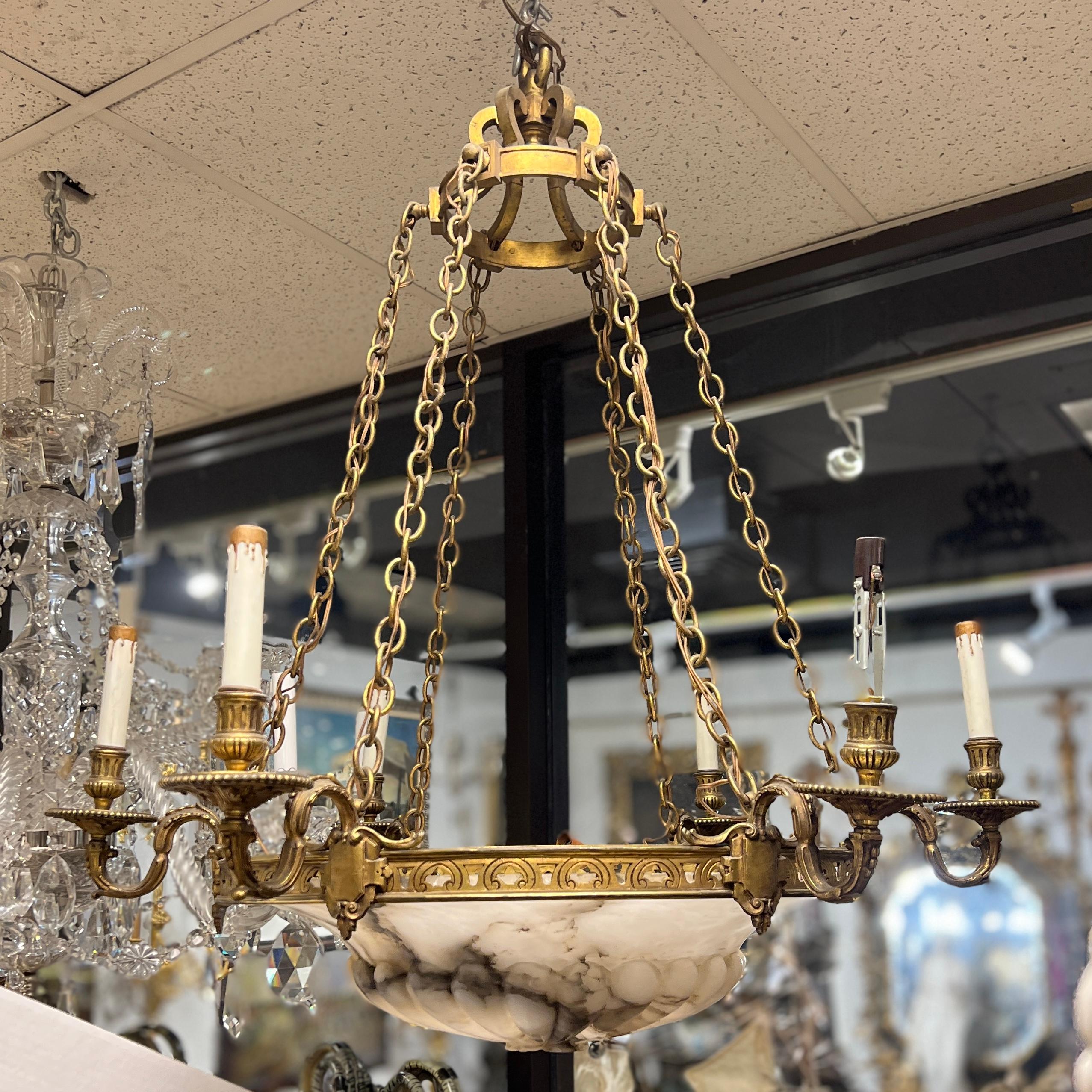 French Art Deco Bronze and Alabaster Six-Light Chandelier In Good Condition For Sale In New York, NY