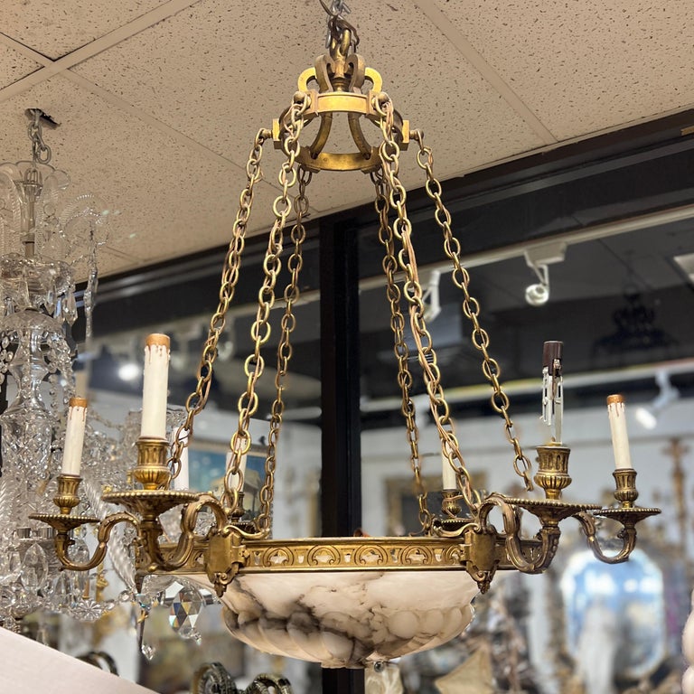 French Art Deco Bronze and Alabaster Six-Light Chandelier For Sale at ...
