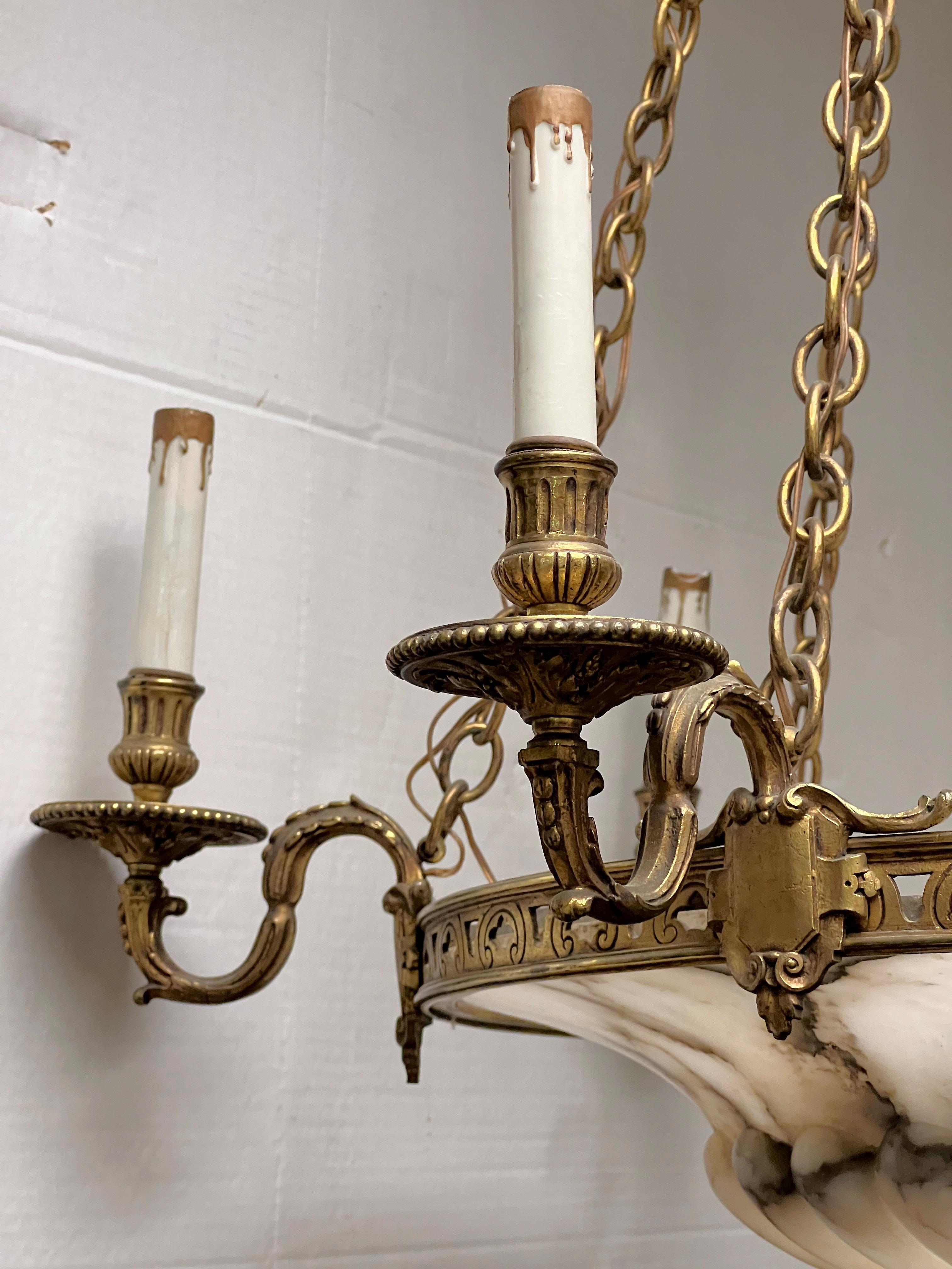 French Art Deco Bronze and Alabaster Six-Light Chandelier For Sale 1