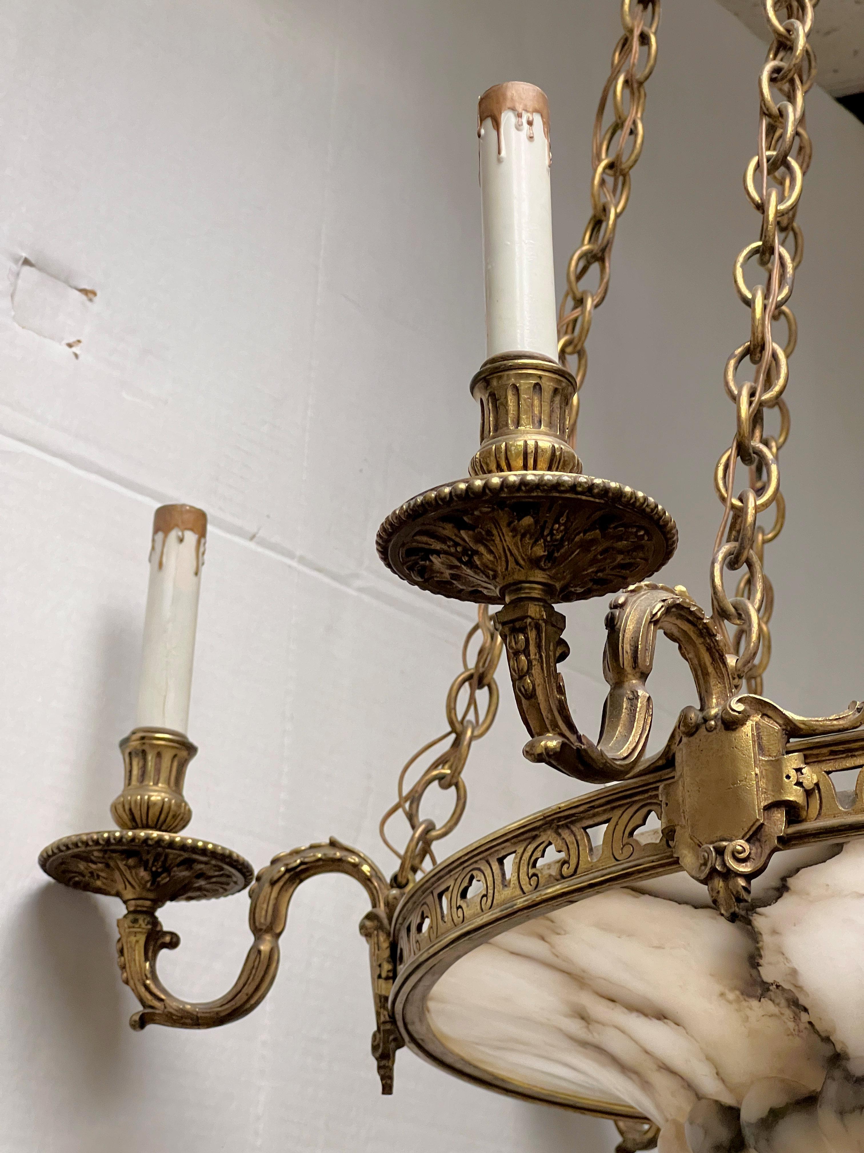 French Art Deco Bronze and Alabaster Six-Light Chandelier For Sale 2