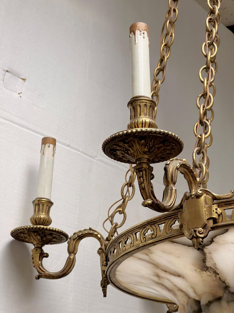 French Art Deco Bronze and Alabaster Six-Light Chandelier For Sale at ...