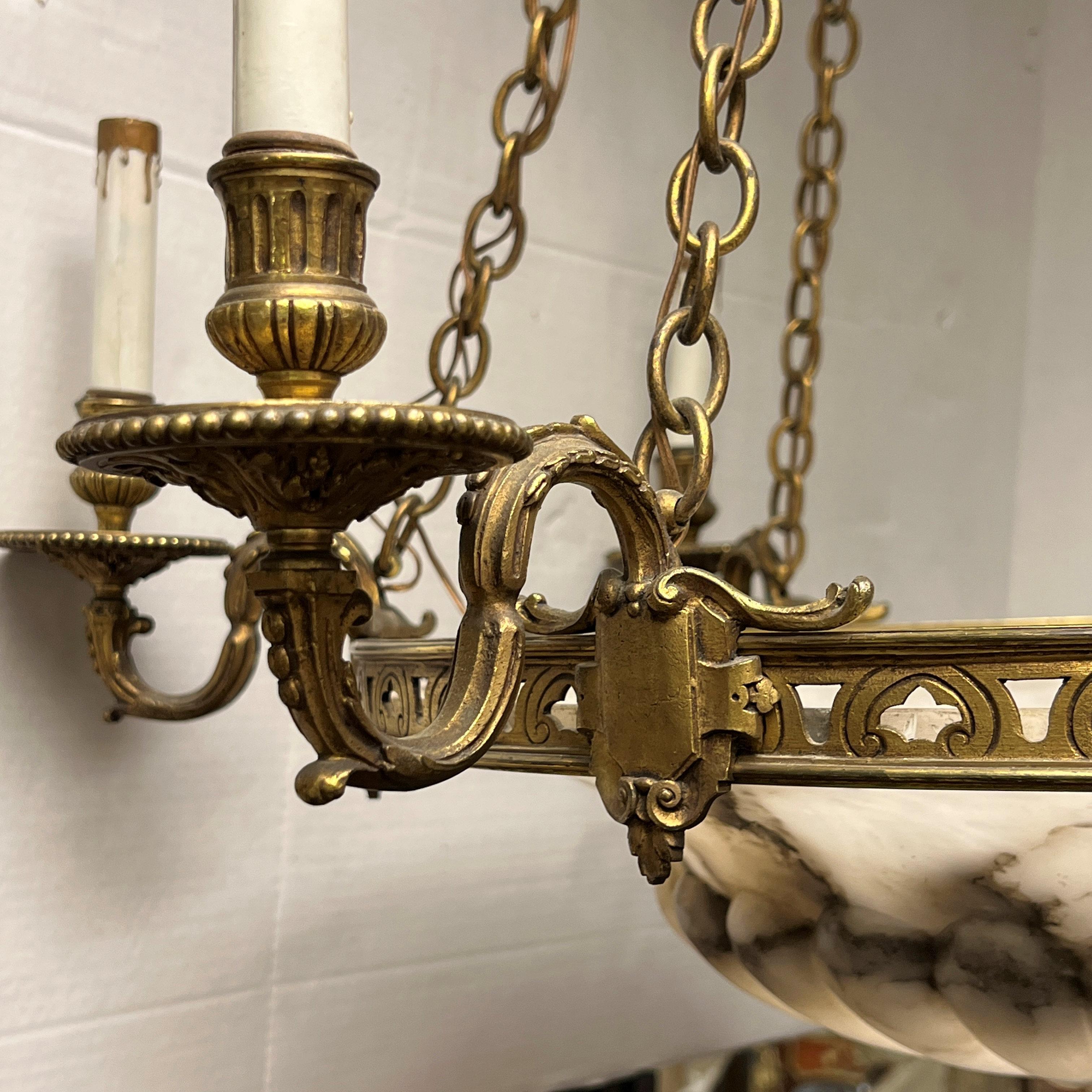 French Art Deco Bronze and Alabaster Six-Light Chandelier For Sale 5