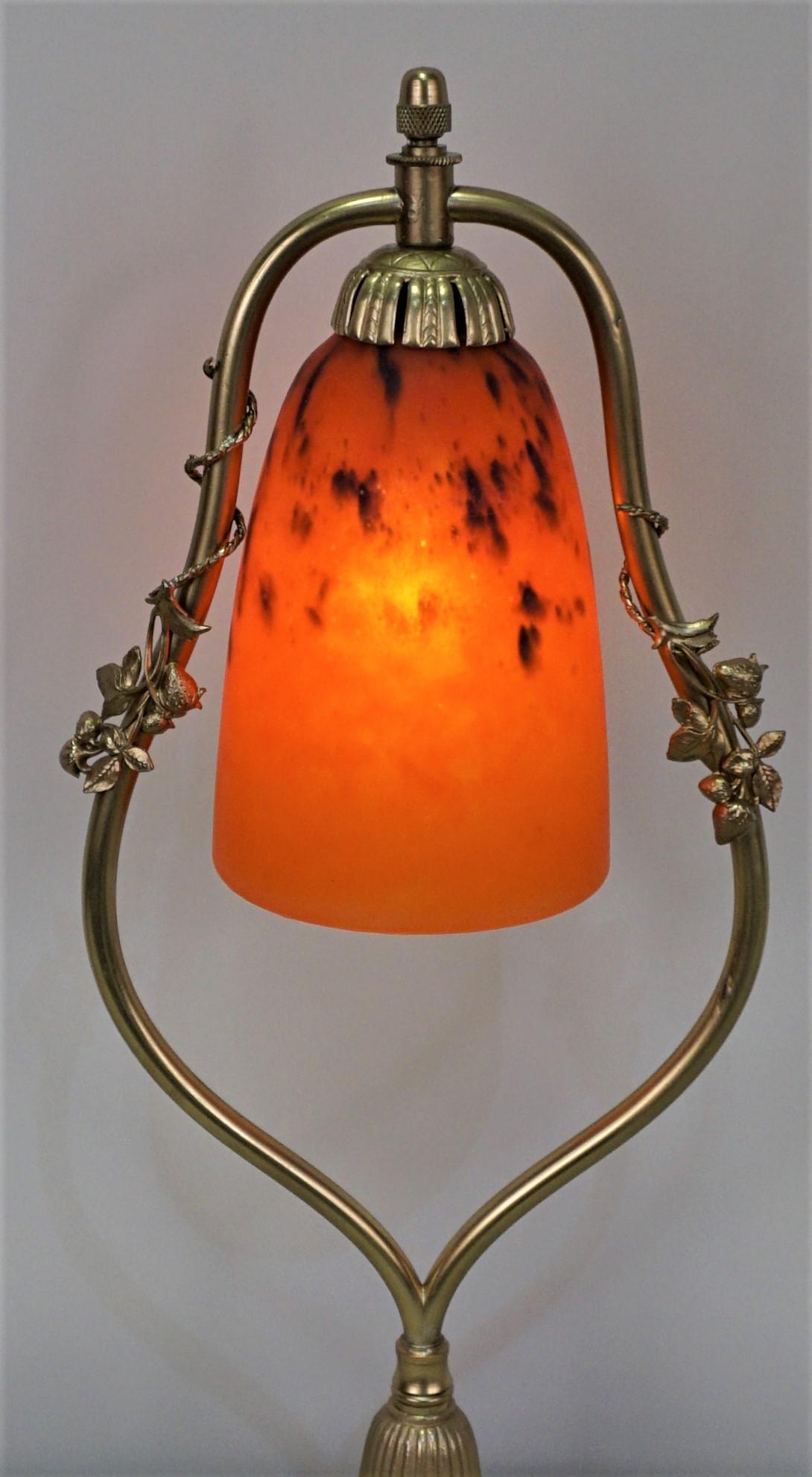 French bronze harp shape and art glass table lamp by Charles Schneider.