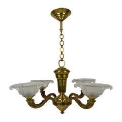 French Art Deco Bronze and Brass Chandelier, circa 1940